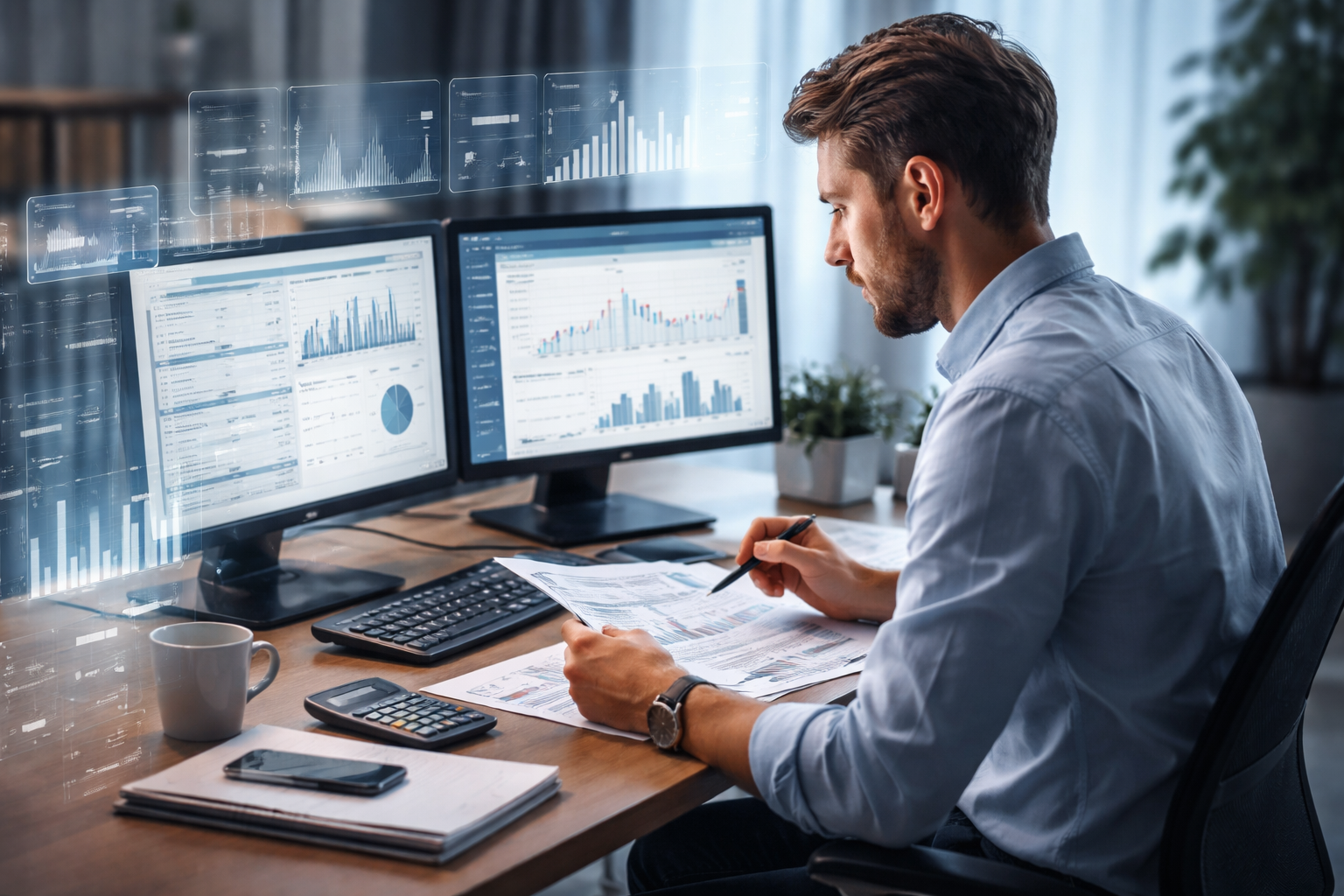 Accountant reviewing financial data on dual monitors with AI analytics overlay showing automation and job risk in accounting