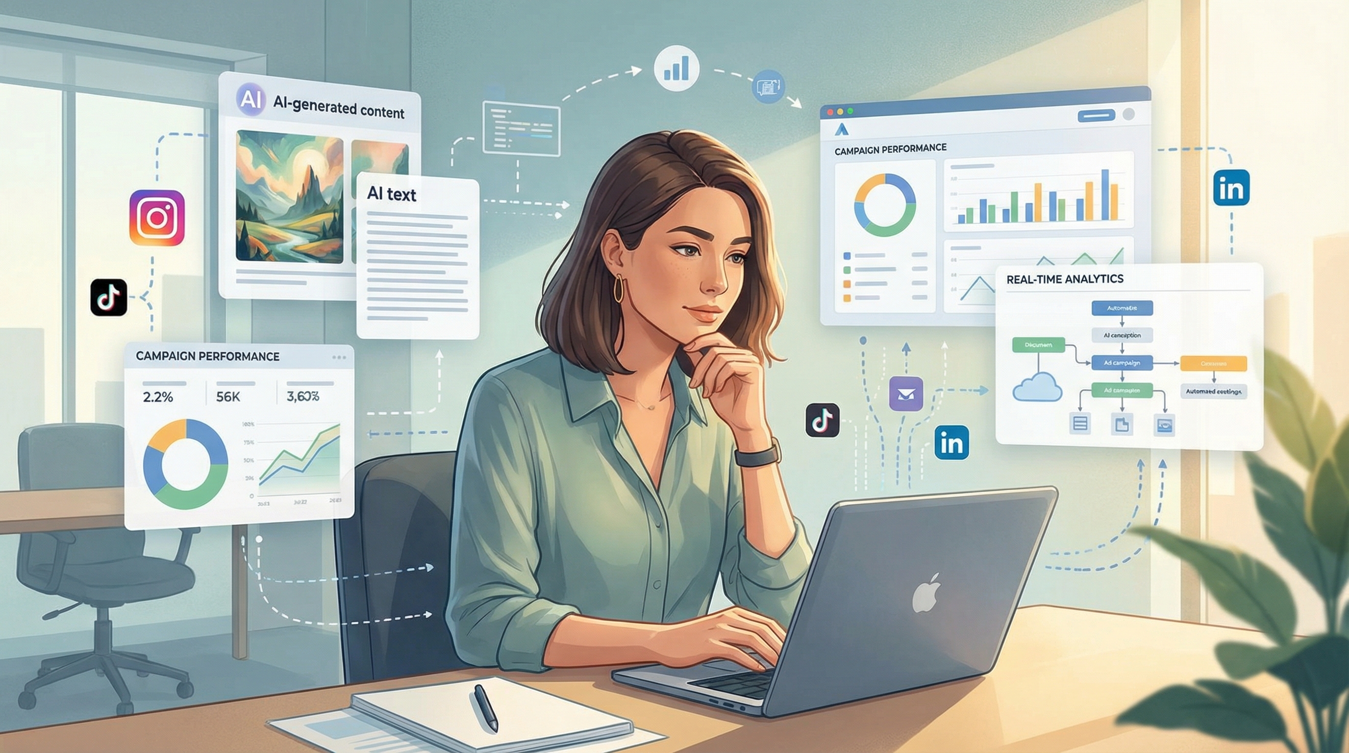 A futuristic image depicting a human marketer collaborating with an artificial intelligence interface, symbolizing the integration of AI in marketing roles. It highlights the balance between human creativity and AI efficiency.