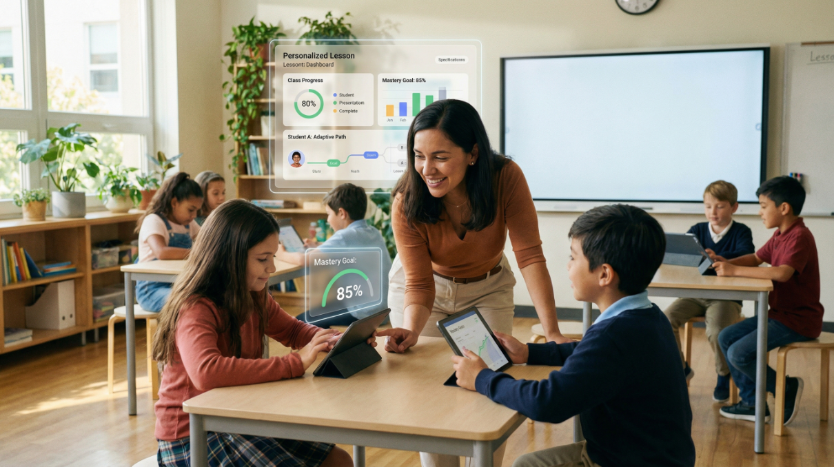 A human teacher interacting with students in a classroom, with subtle digital overlays representing AI integration. The image emphasizes the human element amidst technological change.