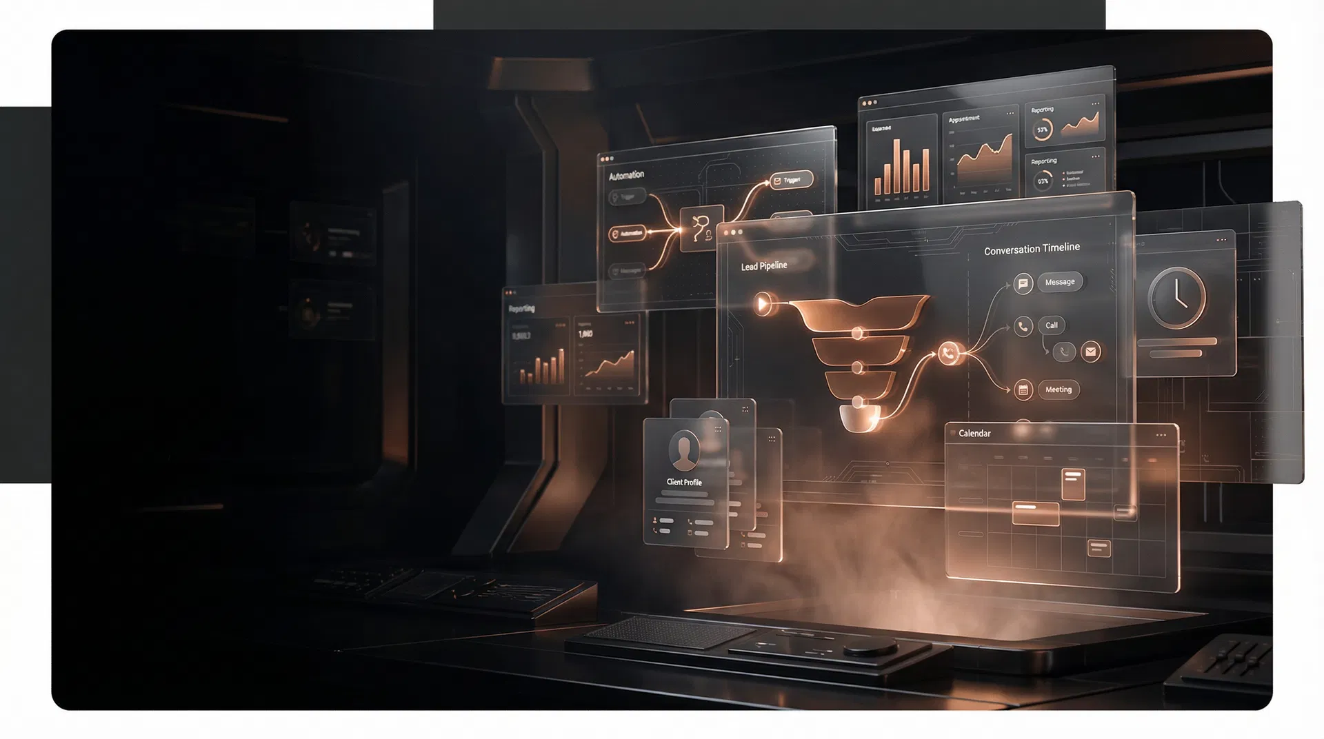 Client Control Centre visual showing CRM pipeline, automation, reporting, and communication orchestration