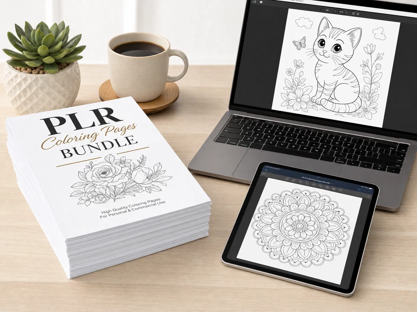 PLR Coloring Pages Bundle — stack of printed pages with laptop and tablet showing coloring page designs