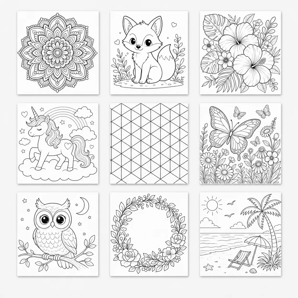 Sample coloring pages grid showing 9 different designs including mandala, fox, flowers, unicorn, butterfly, owl, wreath, and beach scene