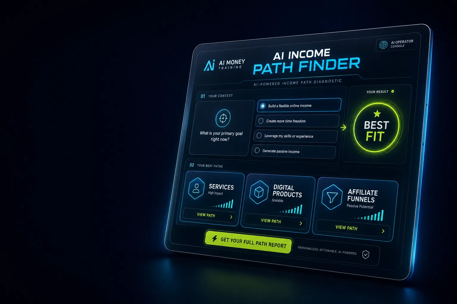 AI Income Path Finder lead magnet dashboard