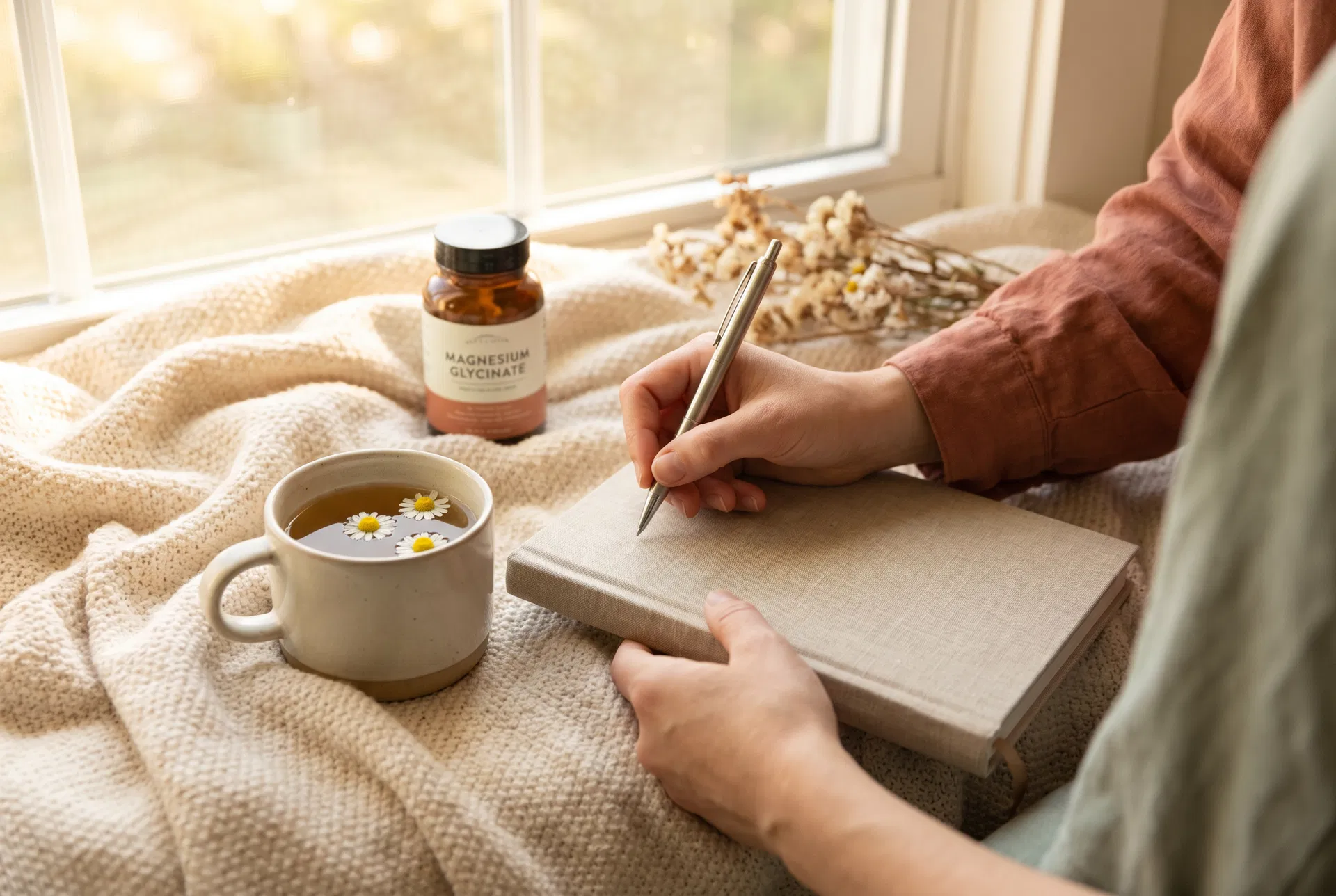 Woman writing in wellness journal with chamomile tea and magnesium glycinate bottle