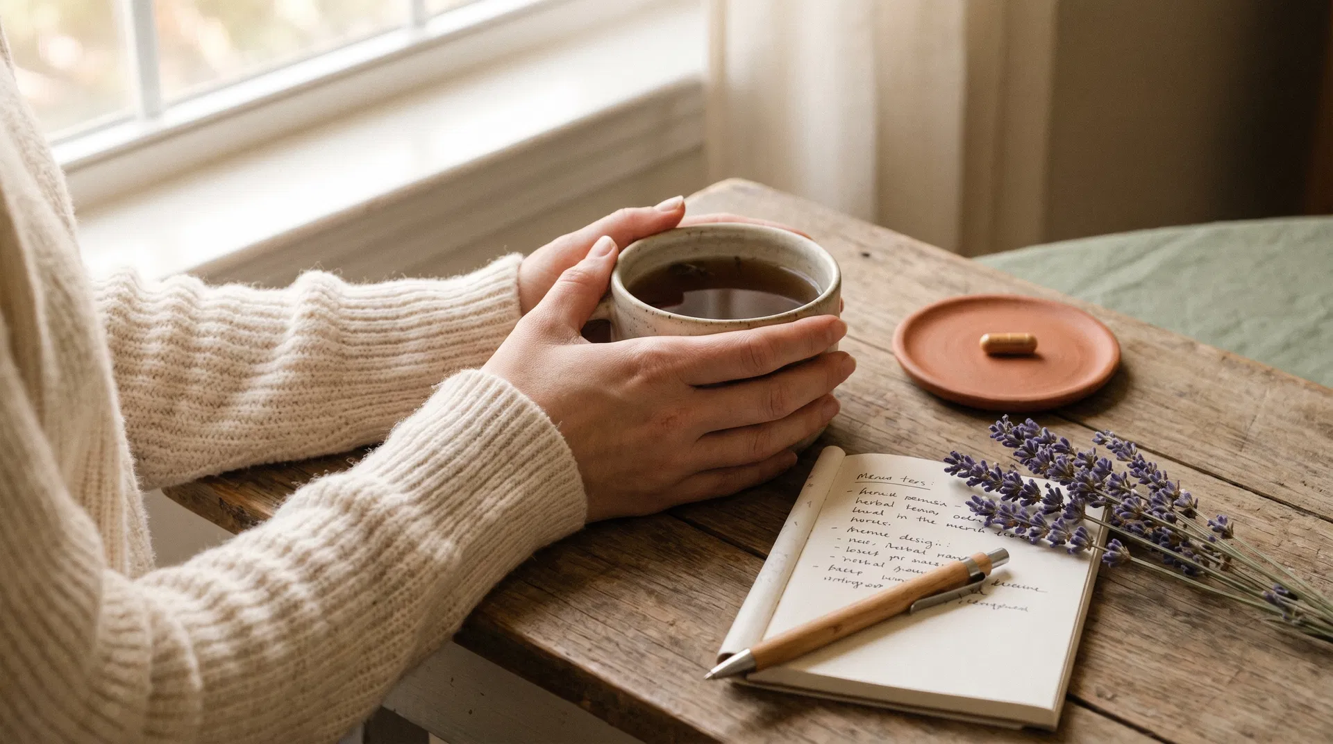 Woman's hands cradling herbal tea with adaptogen supplement on a wooden table beside a journal and dried lavender