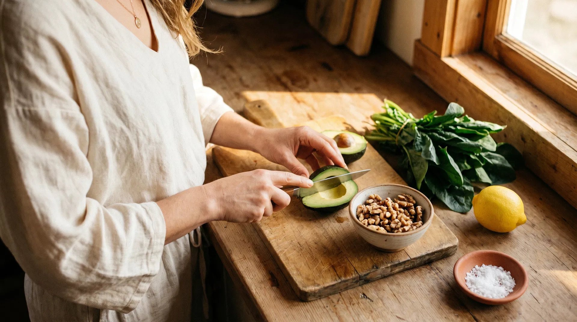Woman in cream linen top slicing avocado at a wooden kitchen counter with spinach, walnuts, lemon and sea salt