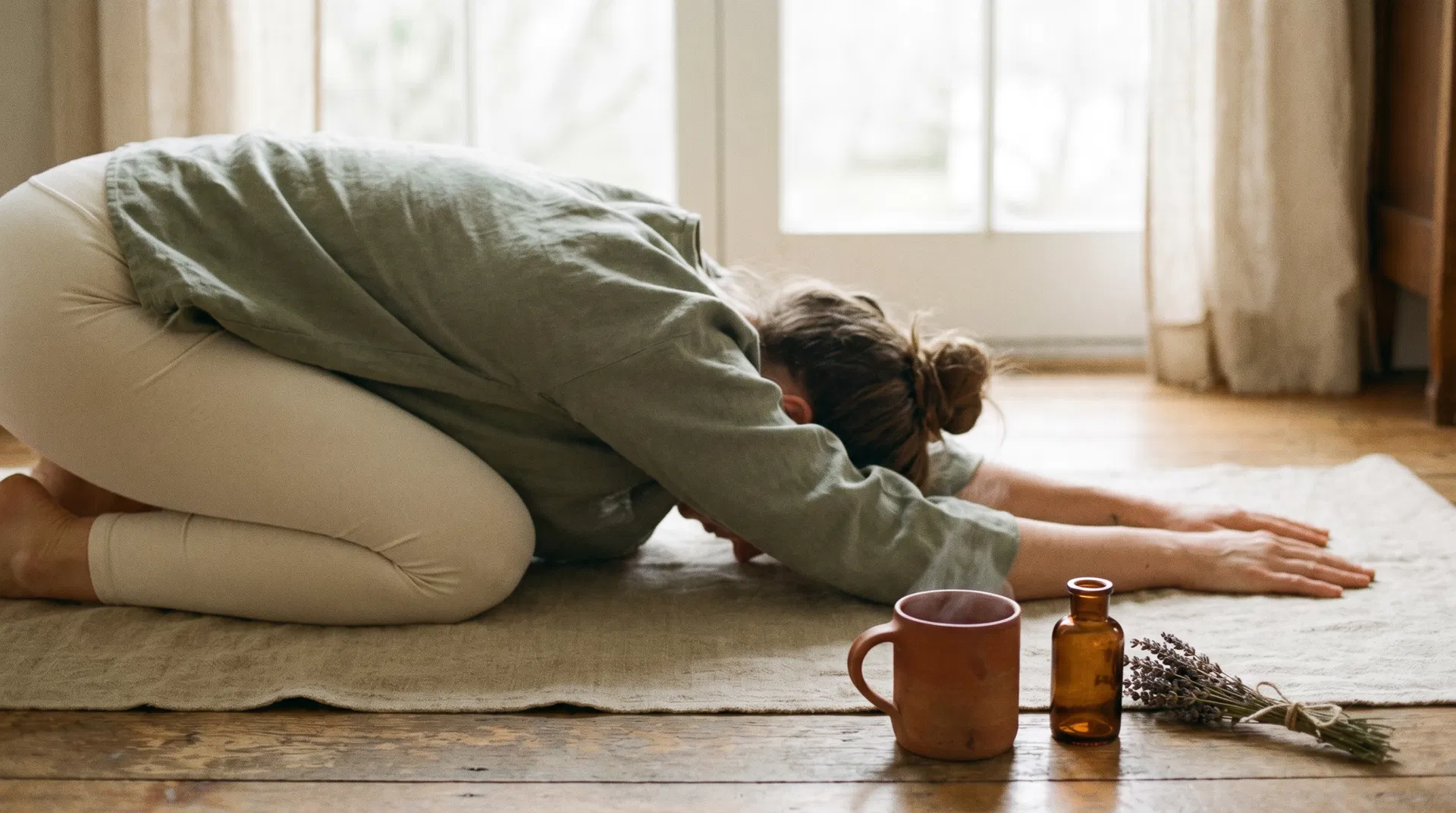 Woman in child's pose on a linen yoga mat beside a terracotta mug of herbal tea and a small amber apothecary bottle