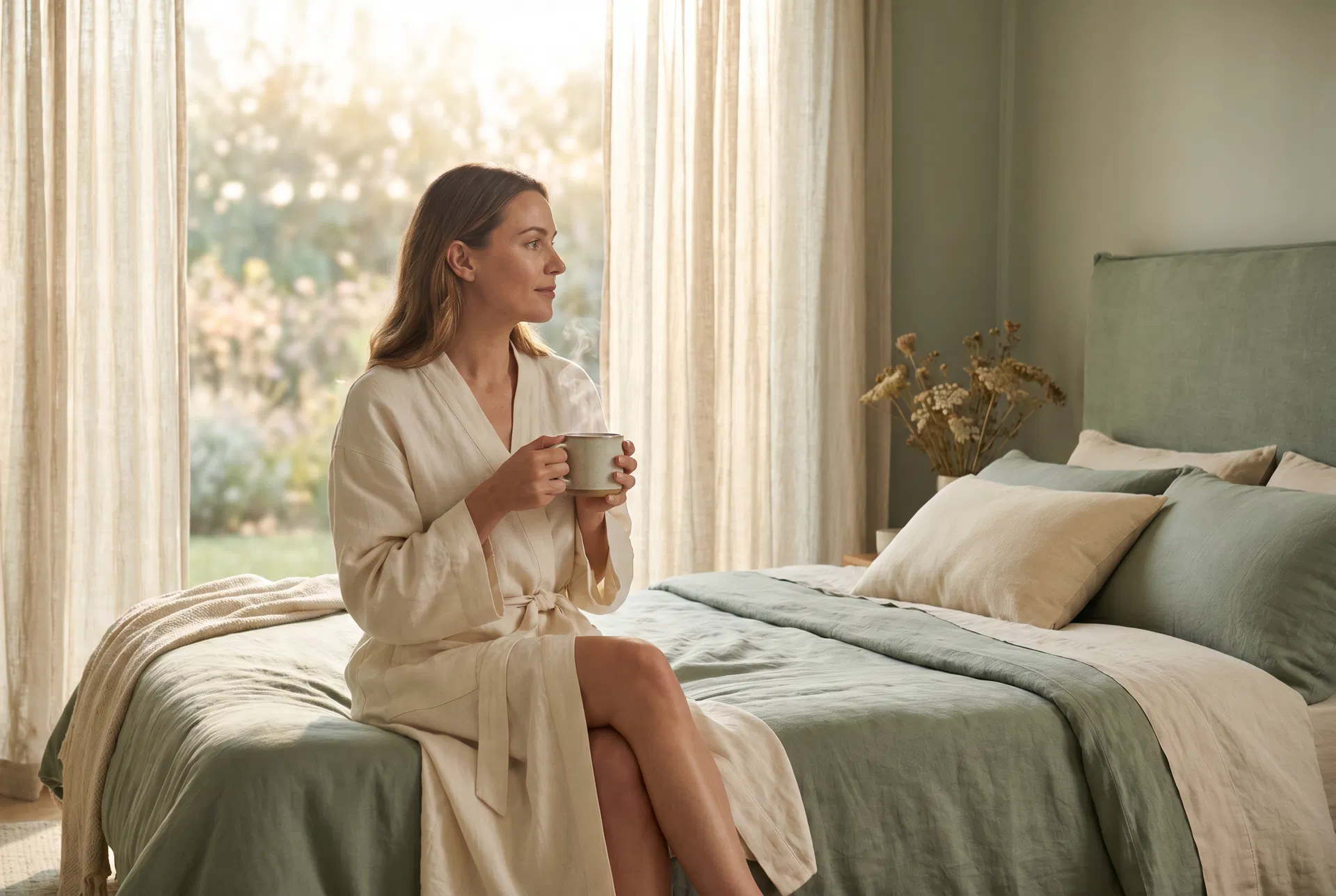 Woman in linen robe sitting on bed in soft morning light holding herbal tea