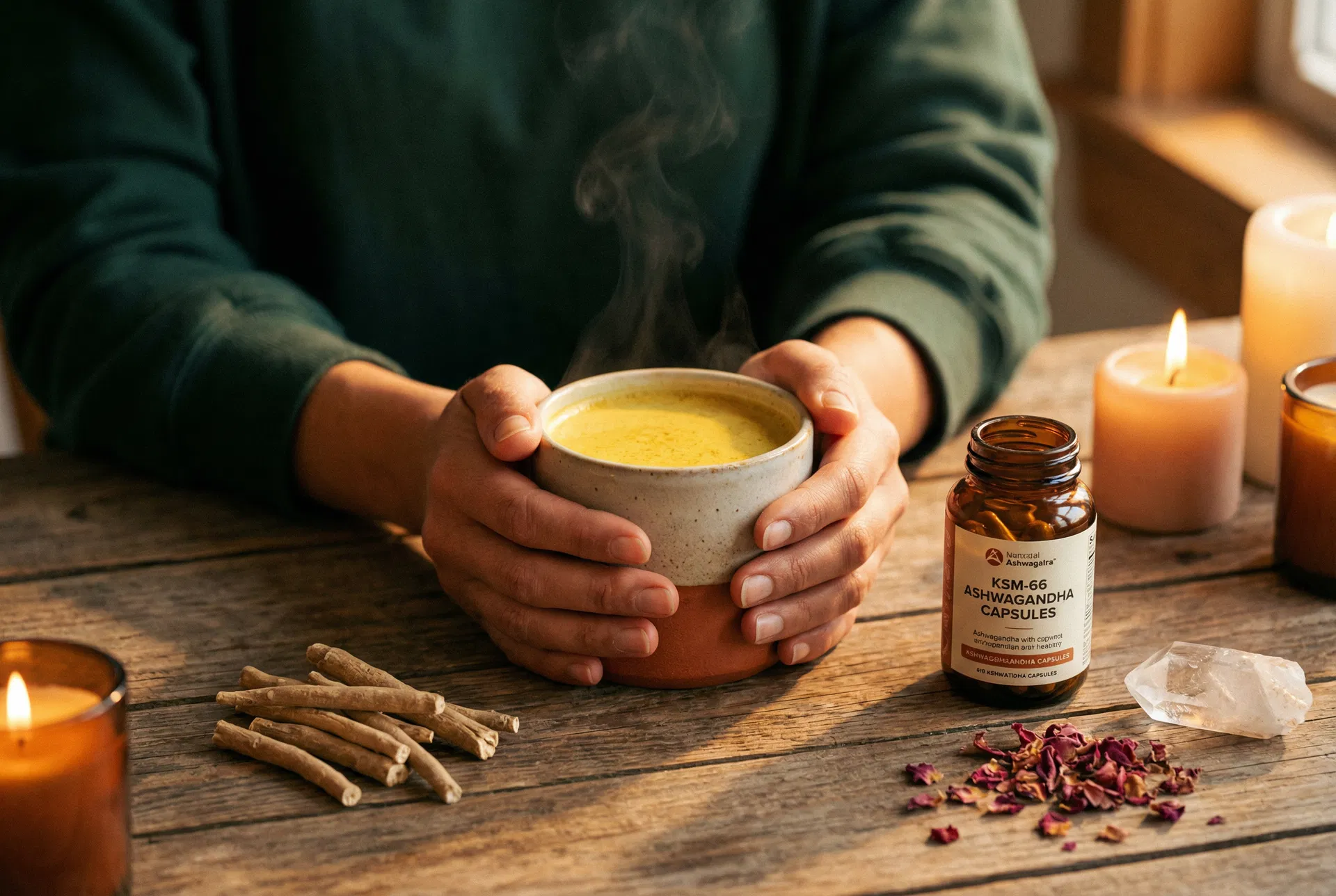Hands cupping a warm ceramic bowl of ashwagandha golden latte with KSM-66 capsules and ashwagandha root pieces