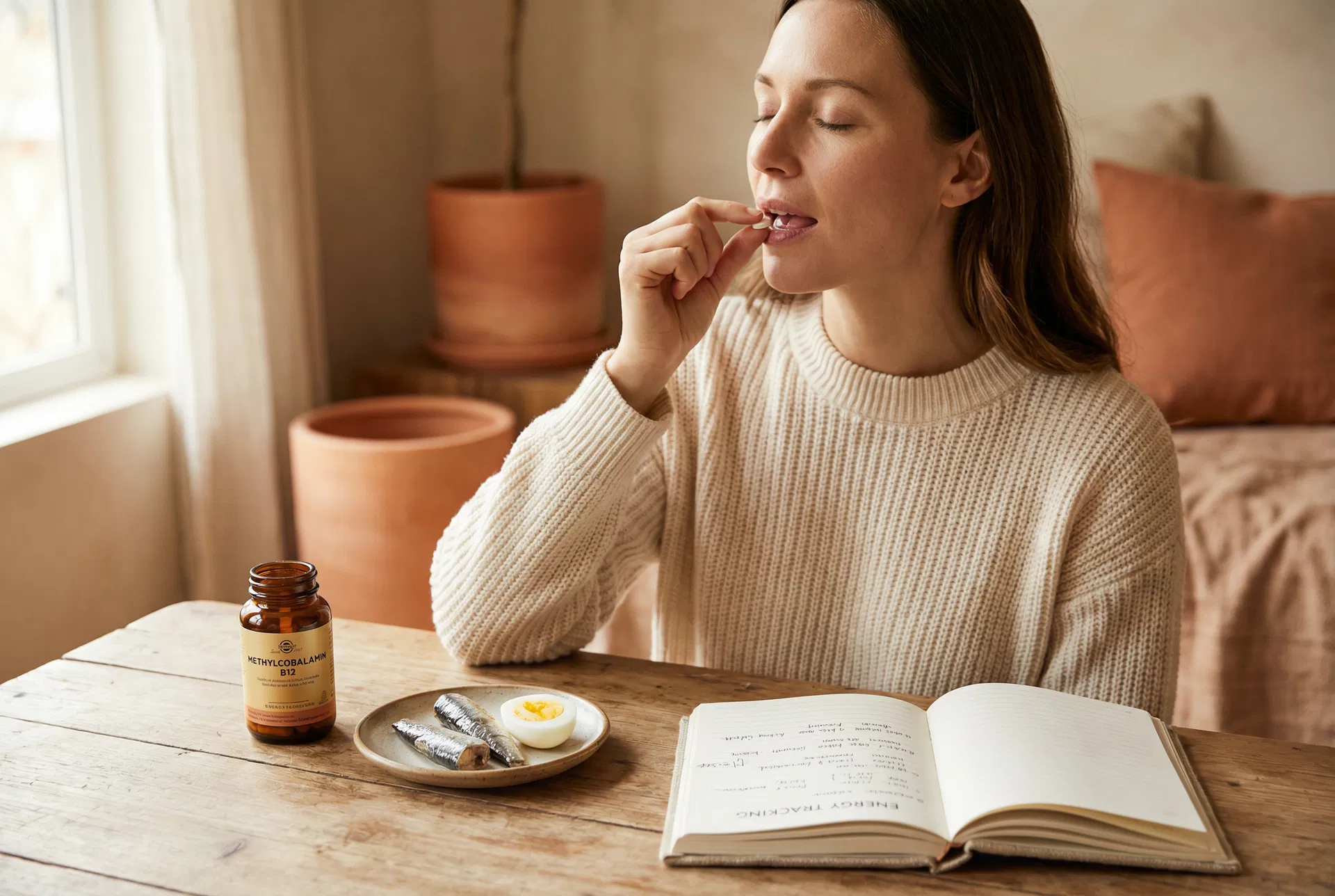 Woman taking a sublingual B12 tablet with a methylcobalamin supplement bottle, sardines, and an energy tracking journal