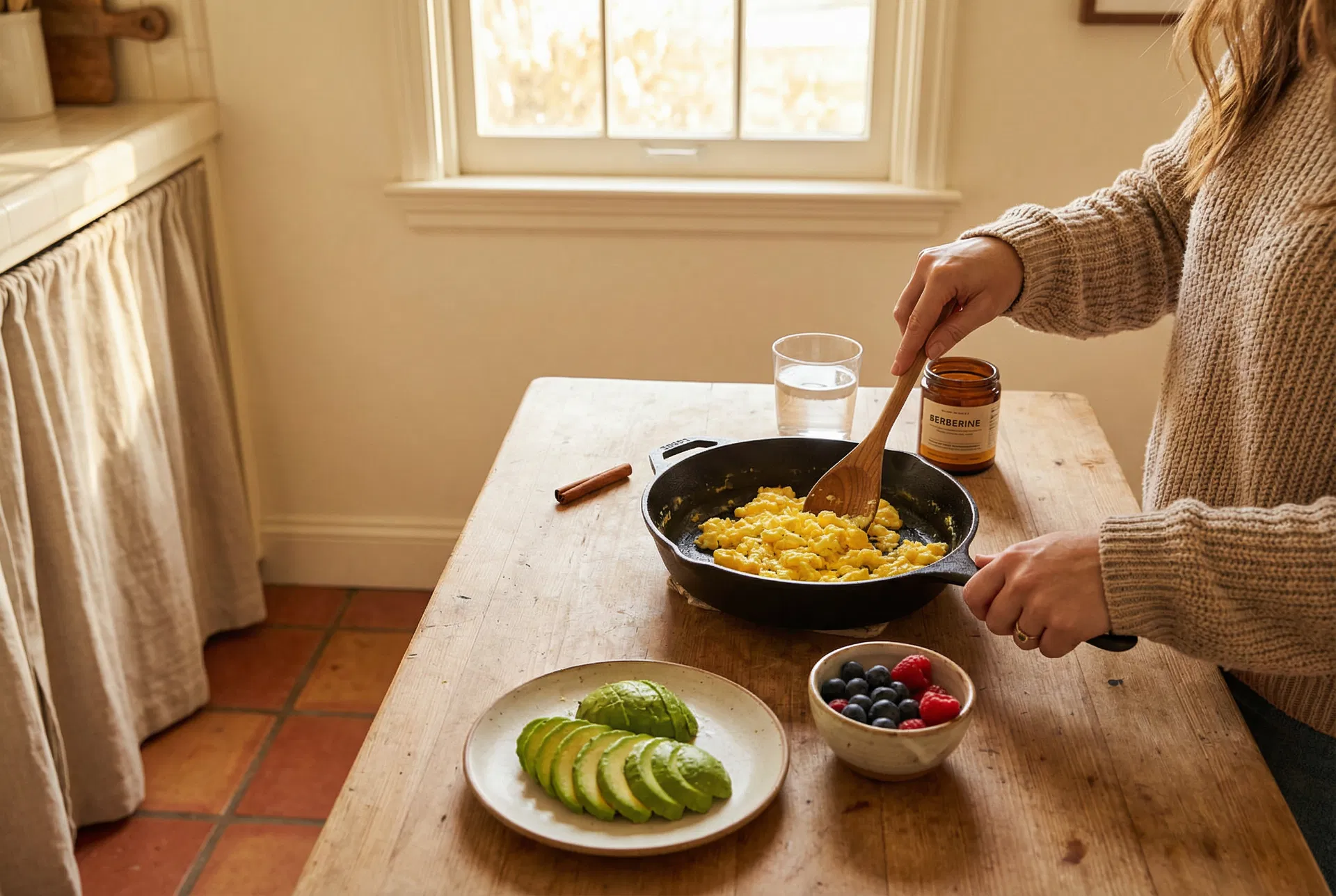Scrambled eggs in a cast iron pan with avocado and berries beside a berberine supplement bottle