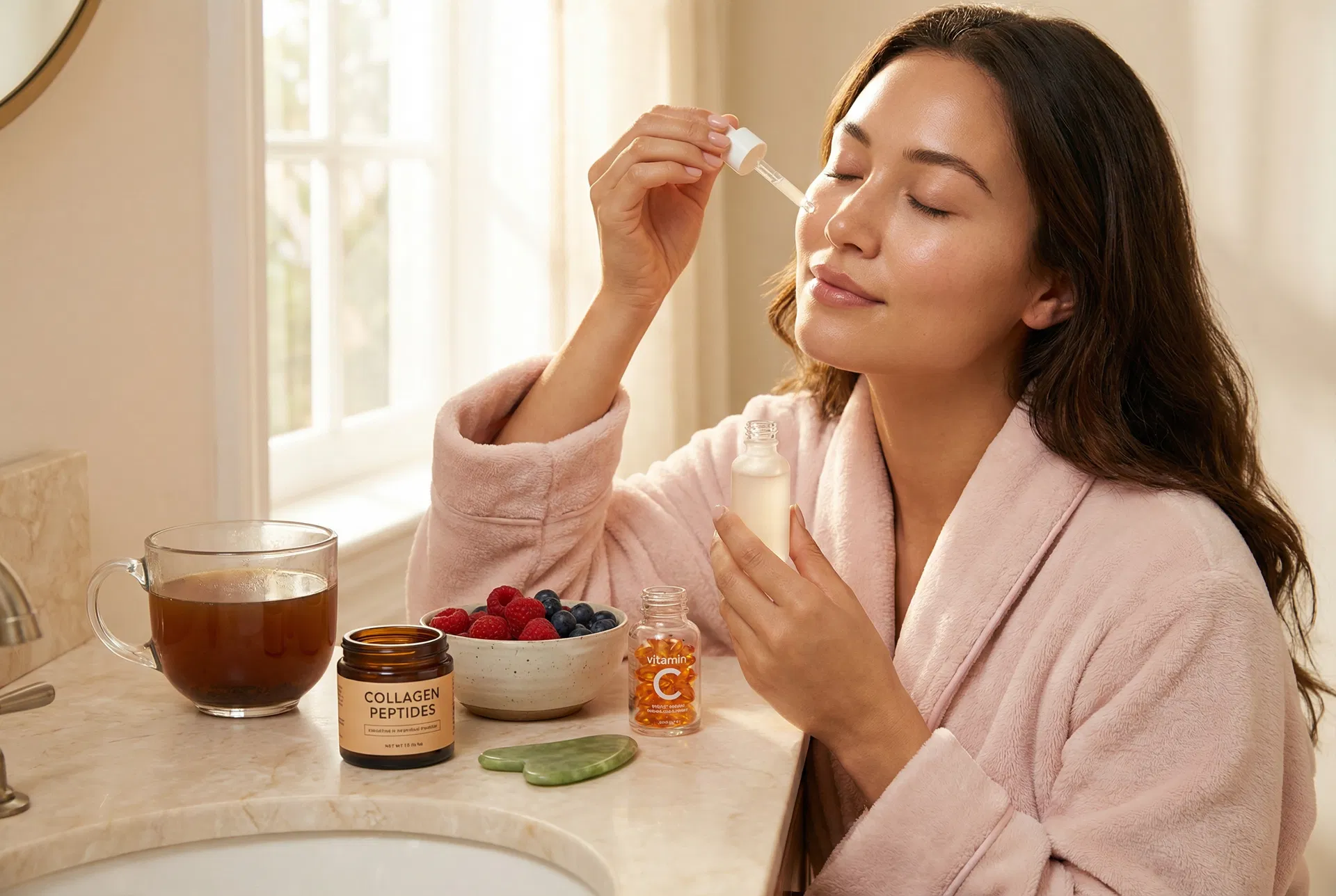 Woman applying collagen serum with collagen peptides jar, bone broth, berries, and vitamin C capsules on a marble vanity