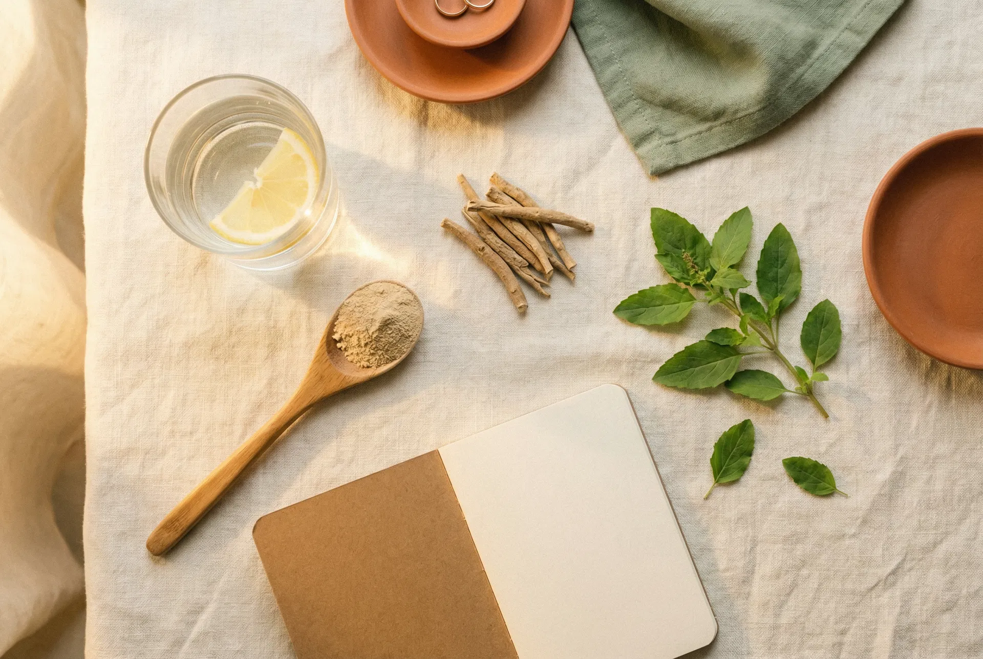 Morning cortisol-balancing ritual with adaptogen powder, ashwagandha root, and lemon water