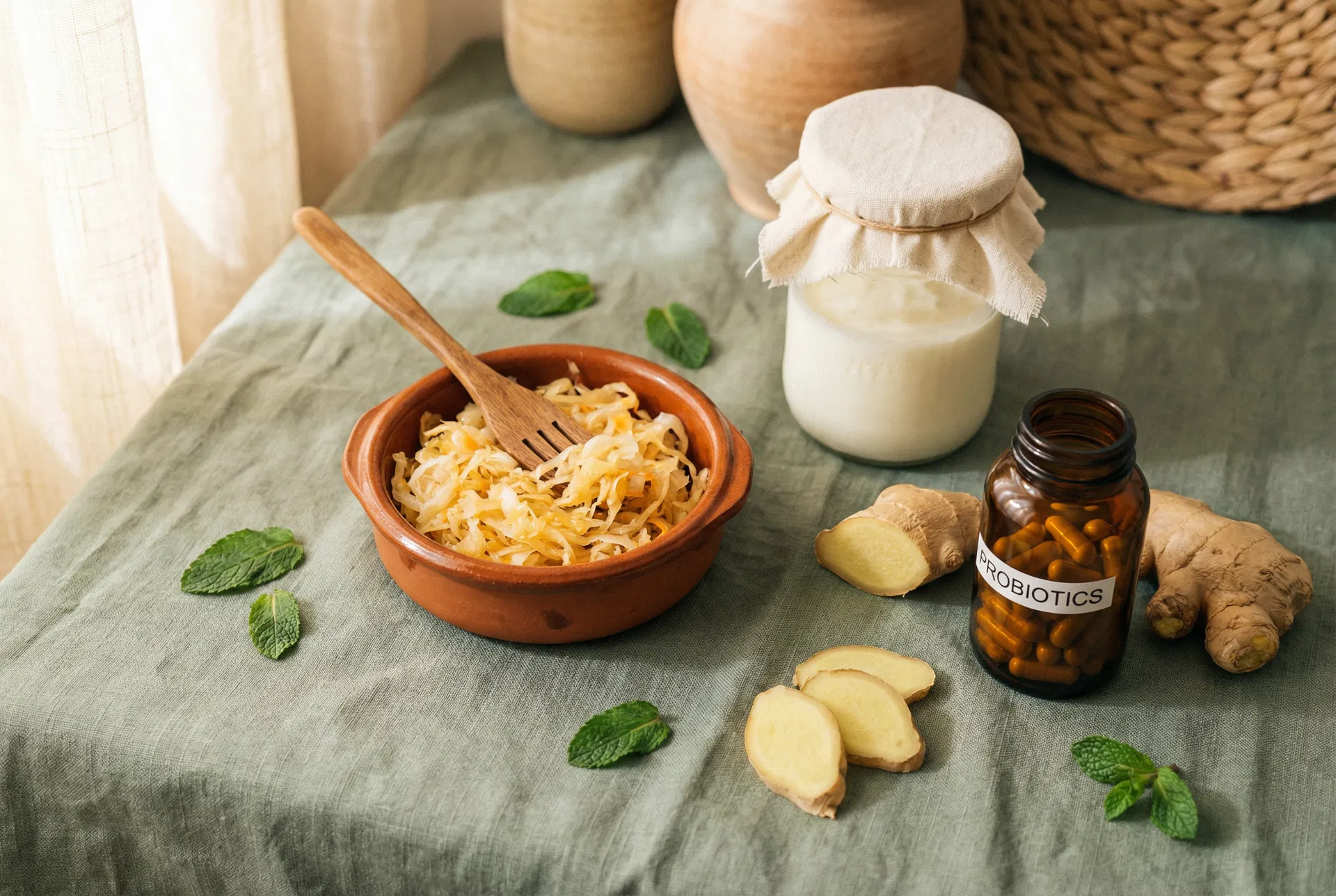 Fermented foods including sauerkraut, kefir, and ginger with probiotic capsules