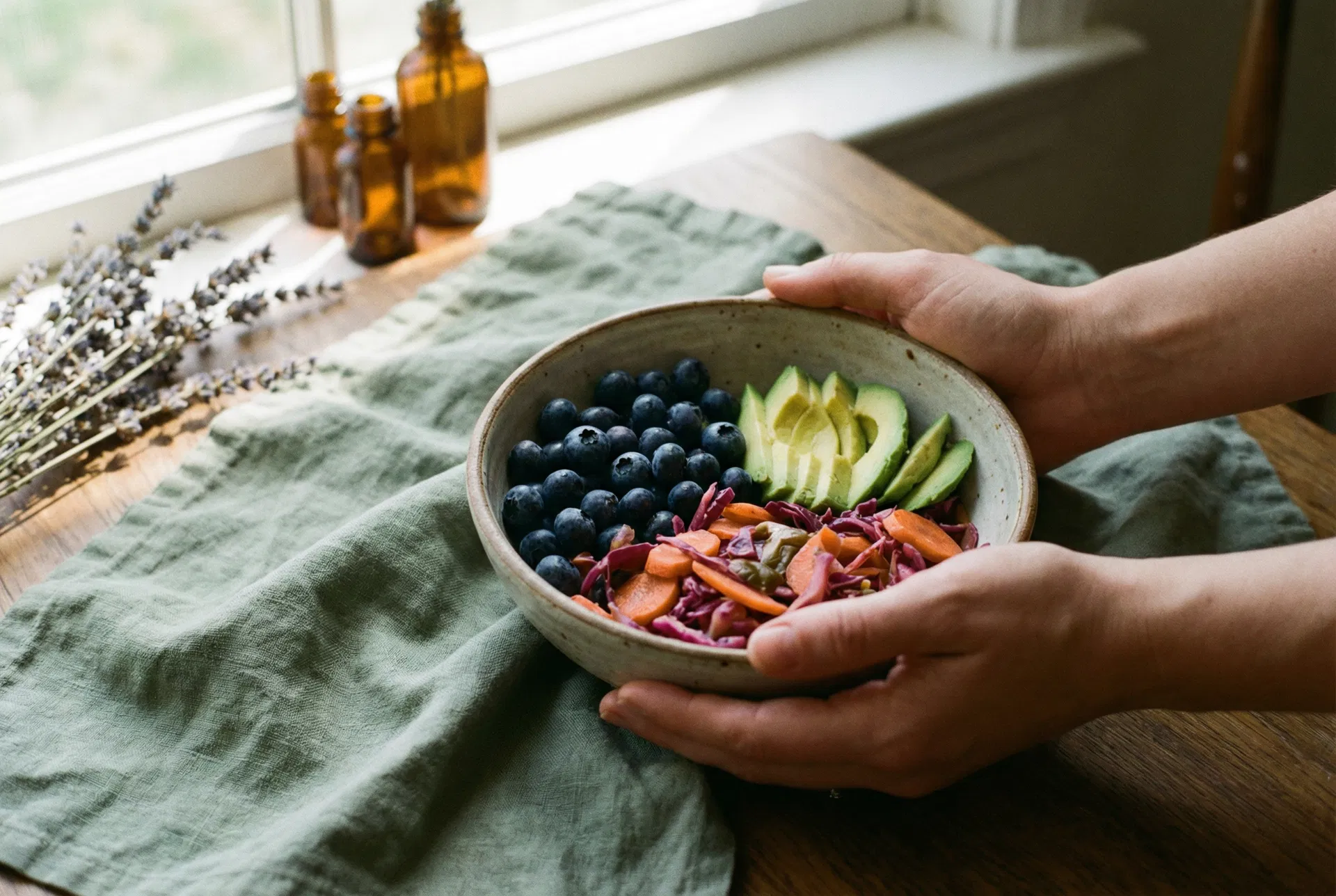 Hands holding a ceramic bowl of gut-healthy foods including blueberries and avocado