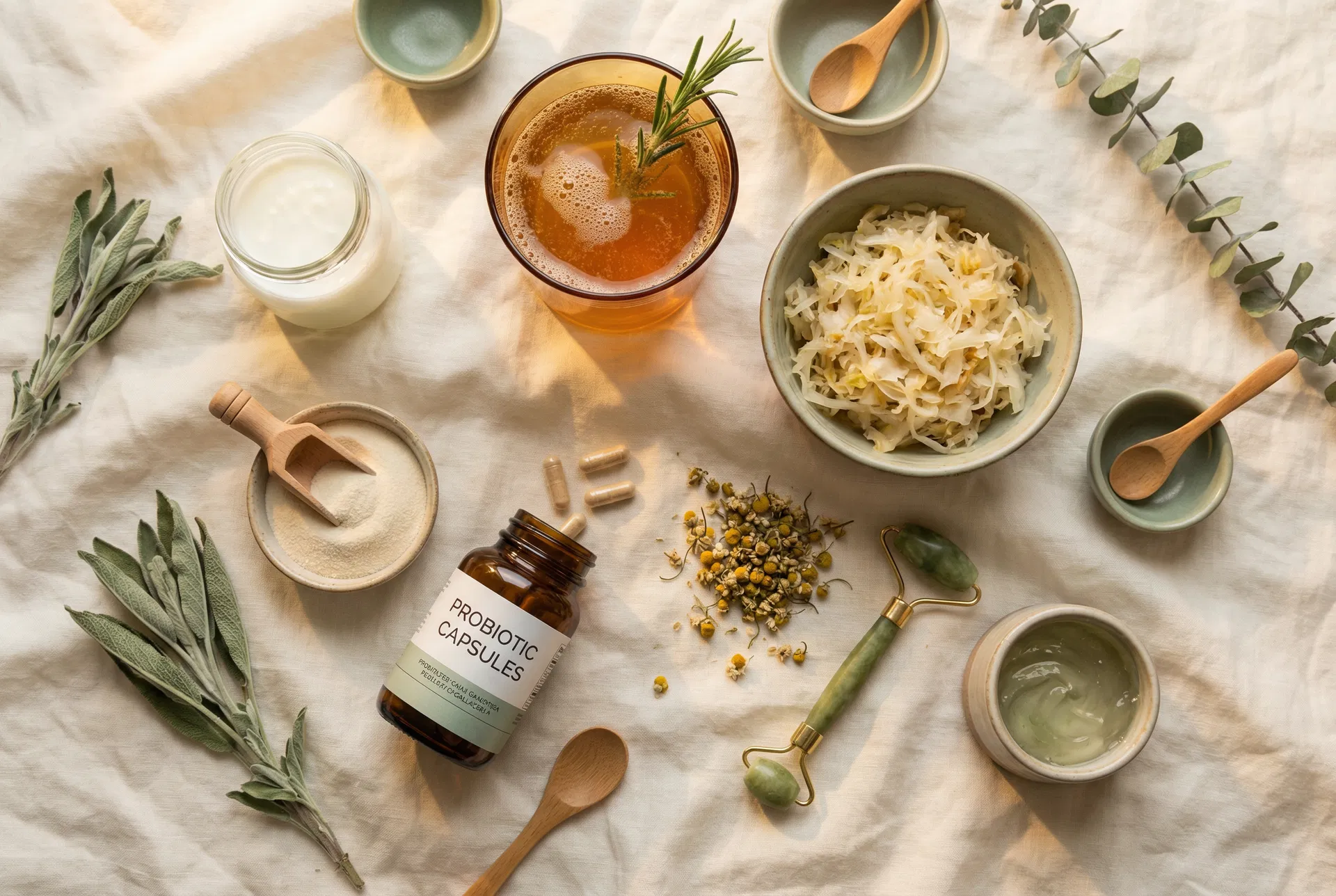 Probiotic capsules, kefir, sauerkraut, kombucha, and jade roller on a cream linen surface for gut-skin health