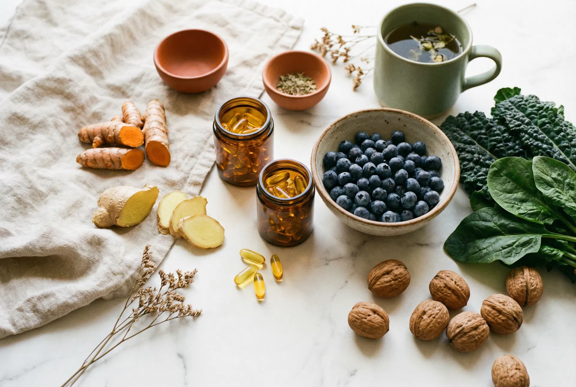 Woman preparing an anti-inflammatory meal with turmeric, ginger, and cruciferous vegetables