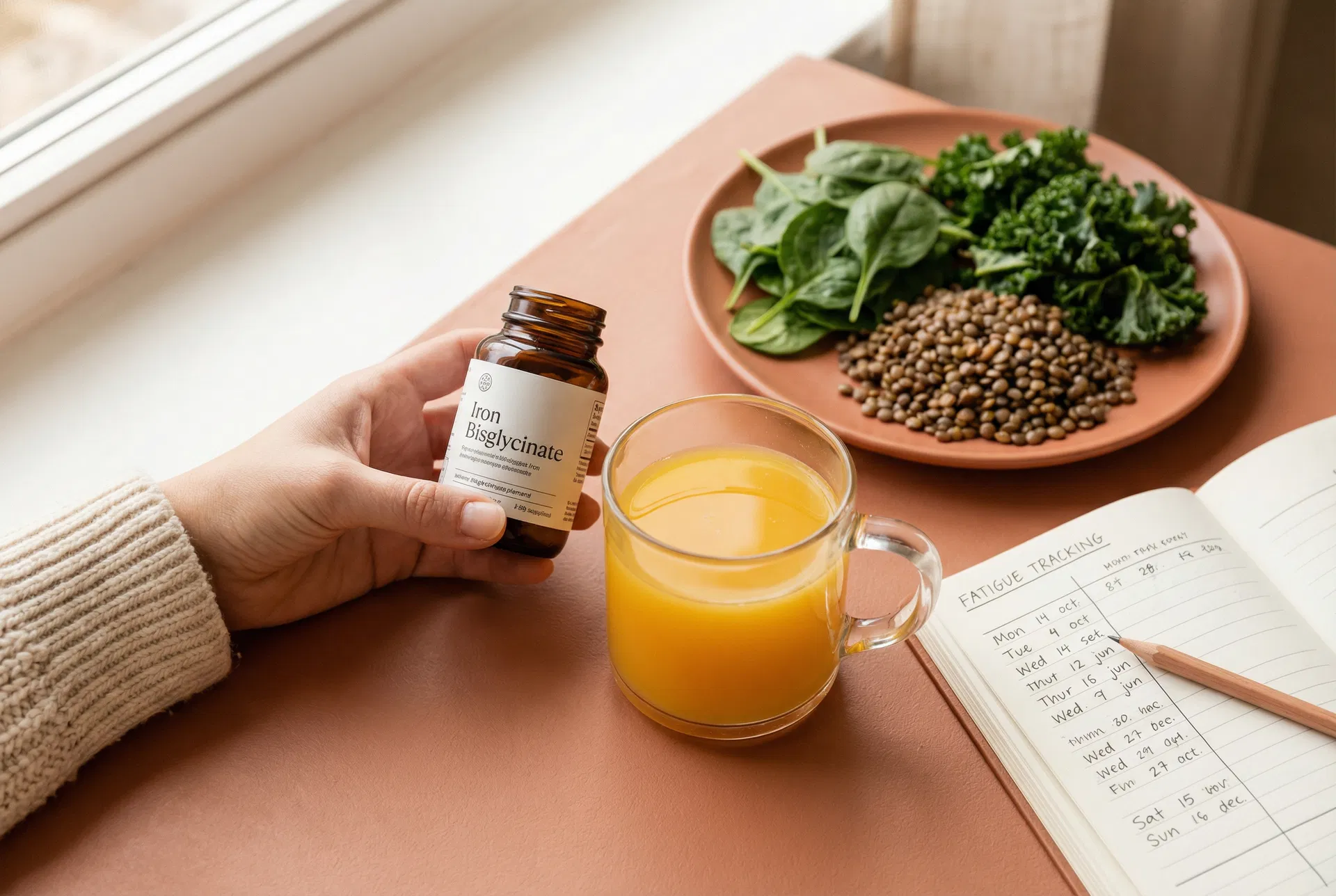 Iron bisglycinate supplement bottle with orange juice, dark leafy greens, and lentils on a terracotta surface