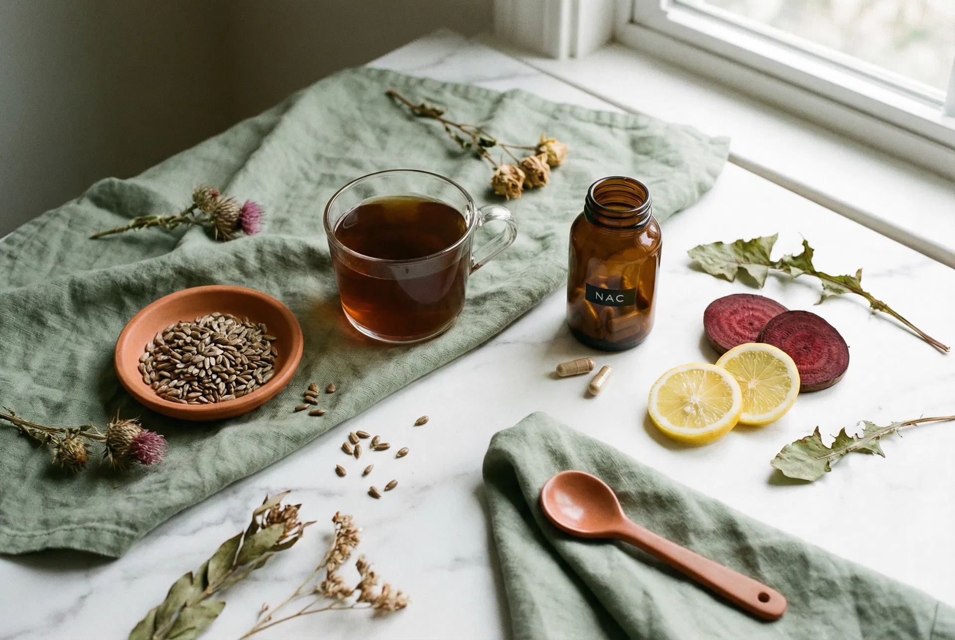Milk thistle seeds, dandelion root tea, NAC capsules, and lemon for liver support