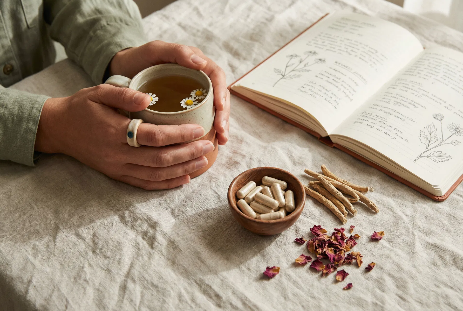 Hands holding chamomile tea with magnesium glycinate capsules, ashwagandha root, rose petals, and wellness journal for perimenopause anxiety support