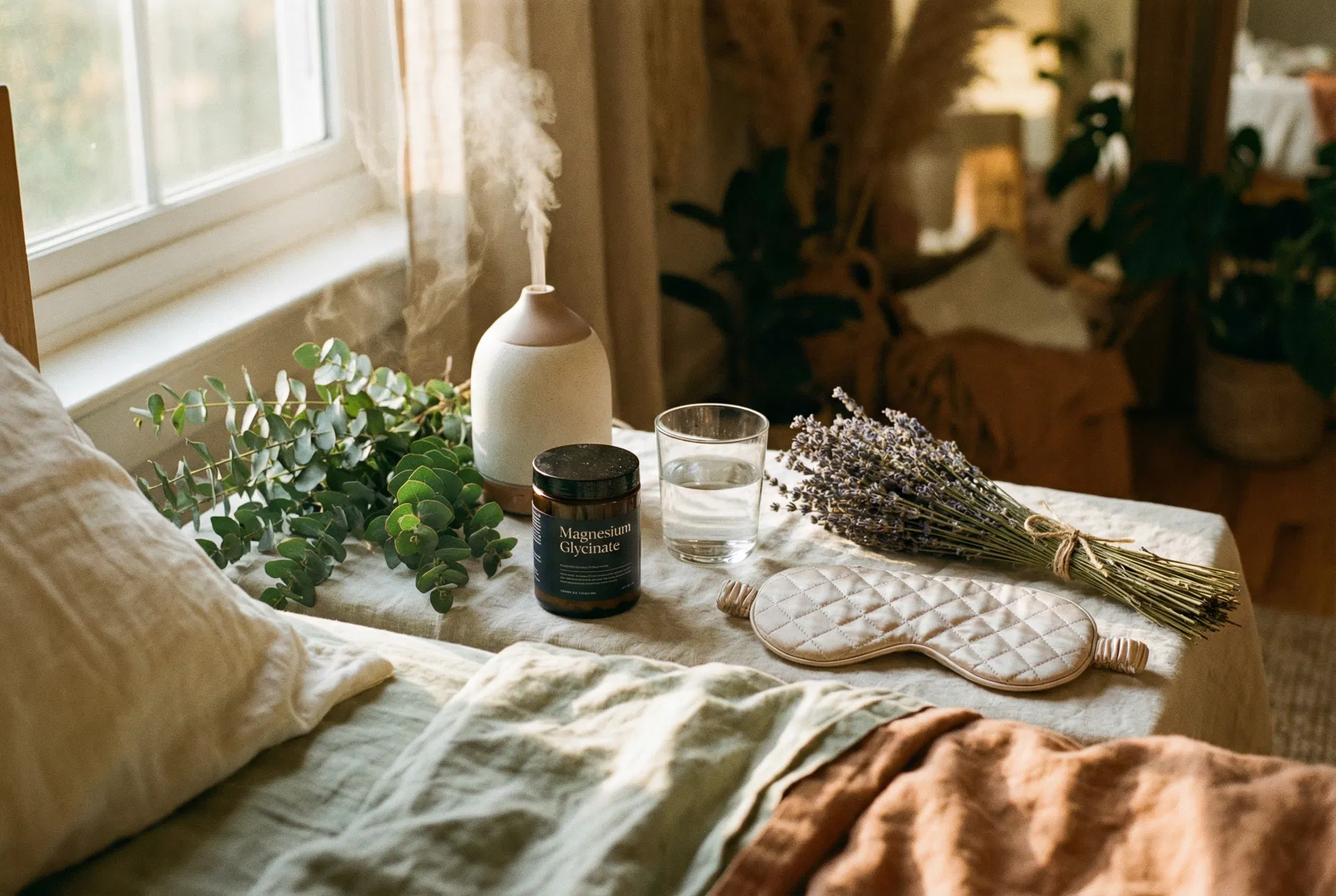 Cozy bedroom nightstand with magnesium glycinate capsules, ceramic diffuser, lavender bundle, and sleep mask for perimenopause sleep support