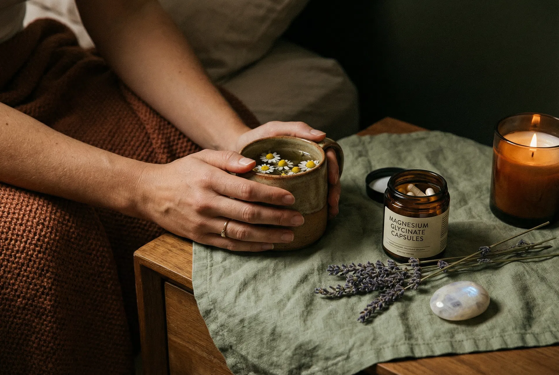 Chamomile tea and magnesium glycinate capsules on a bedside table with lavender
