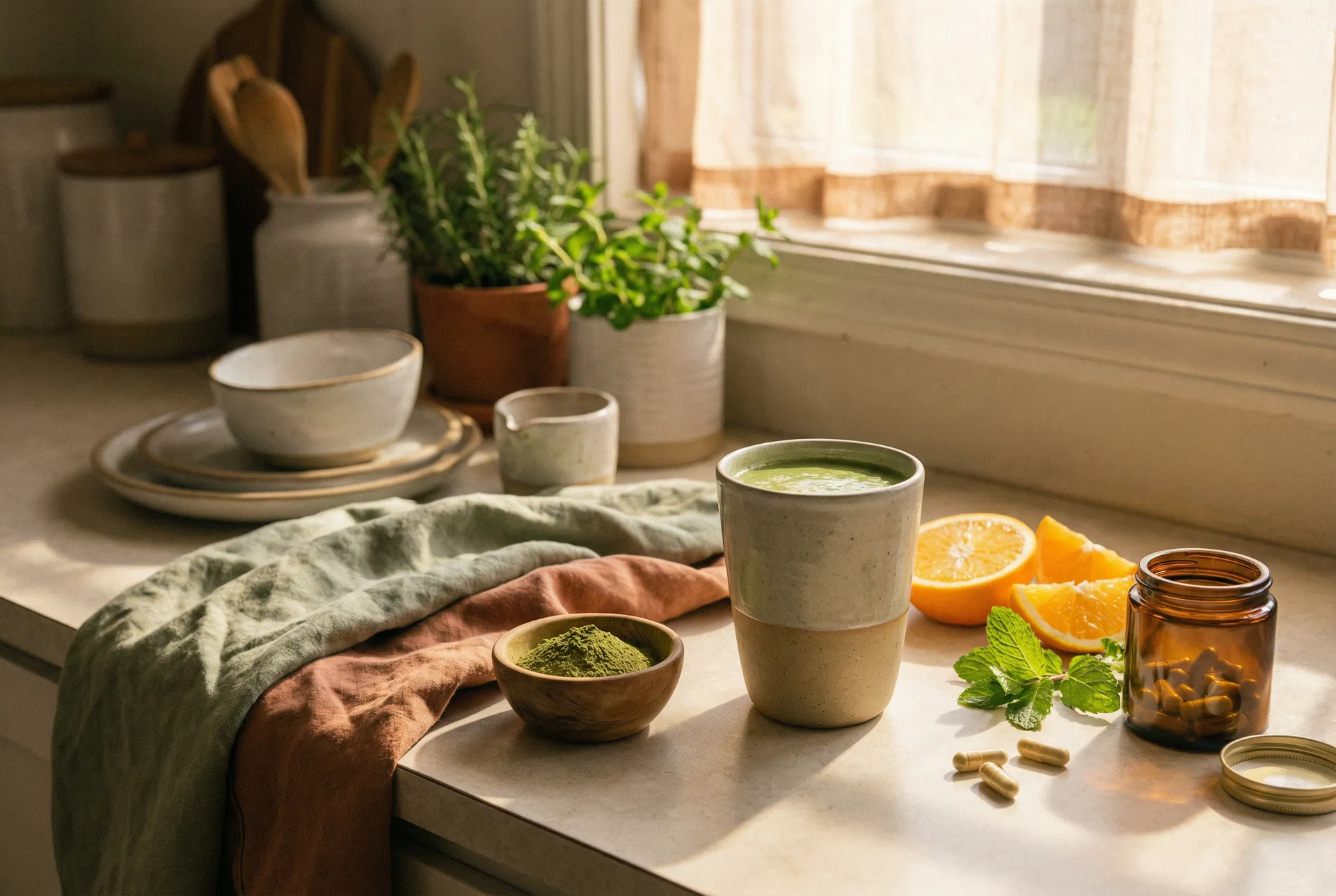 Green smoothie with moringa powder, citrus, and B-vitamin capsules in a morning kitchen