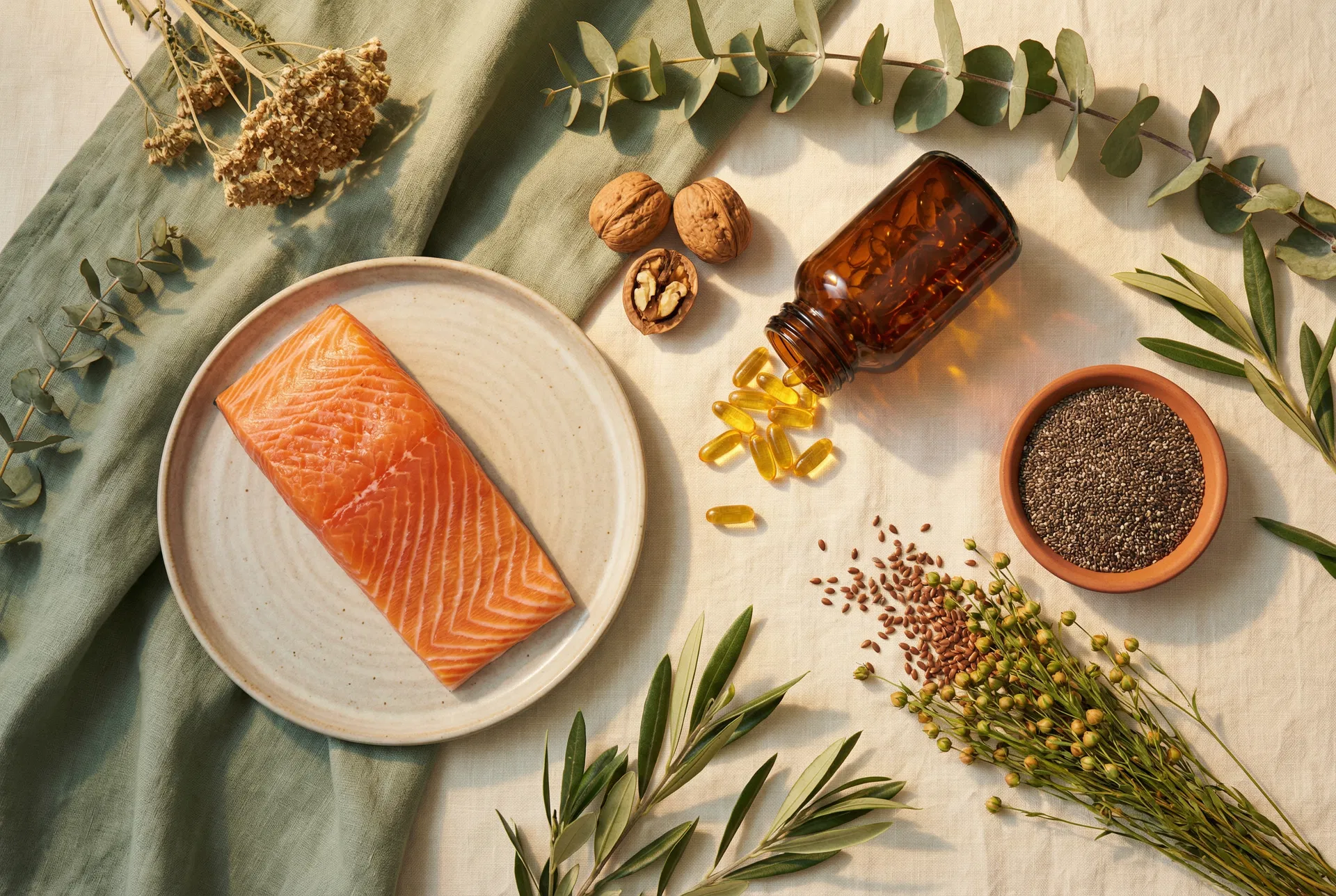 Wild salmon, omega-3 fish oil softgels, walnuts, chia seeds, and flaxseeds for hormone health