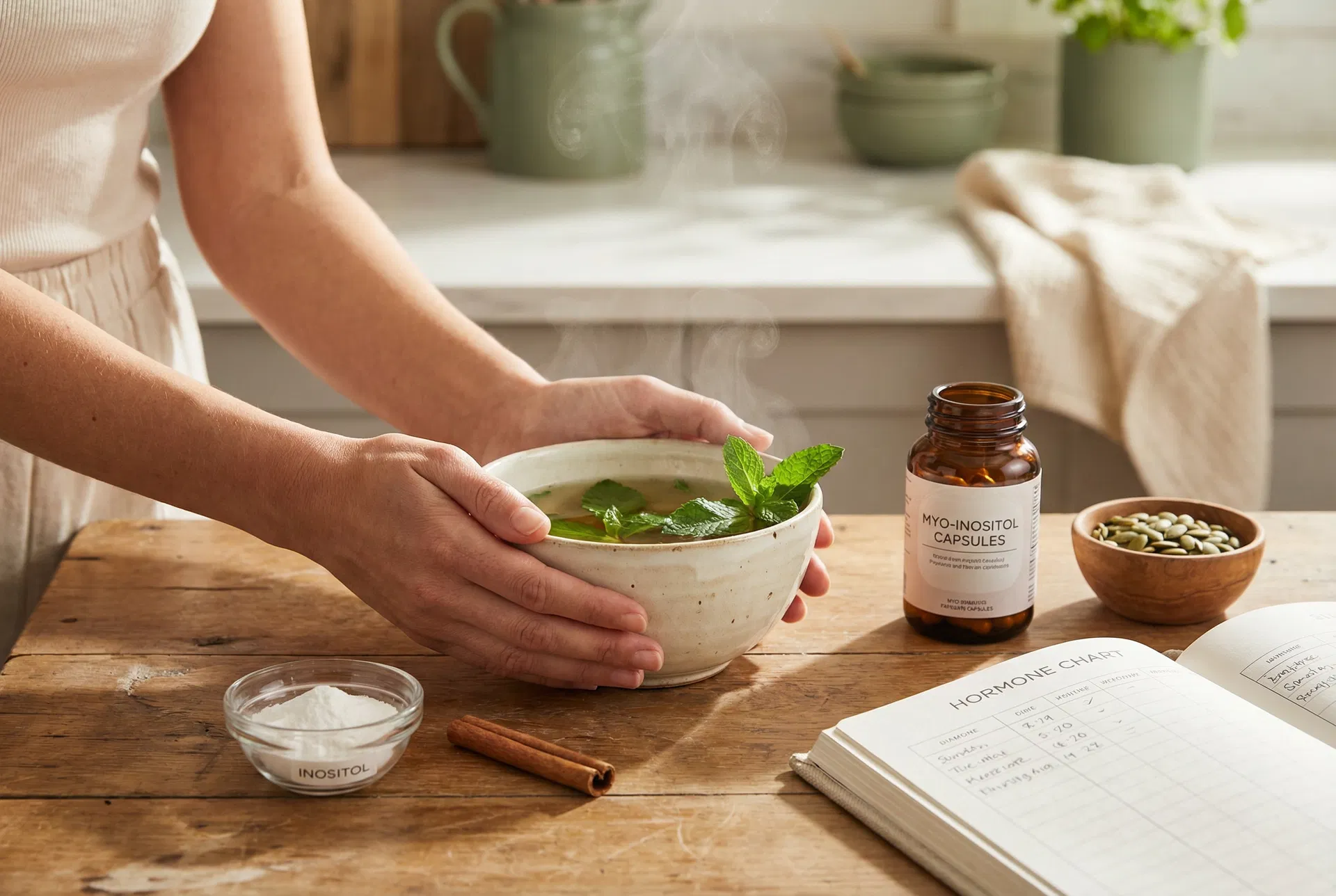 Hands holding a bowl of spearmint tea with myo-inositol capsules and a hormone chart journal on a wooden table