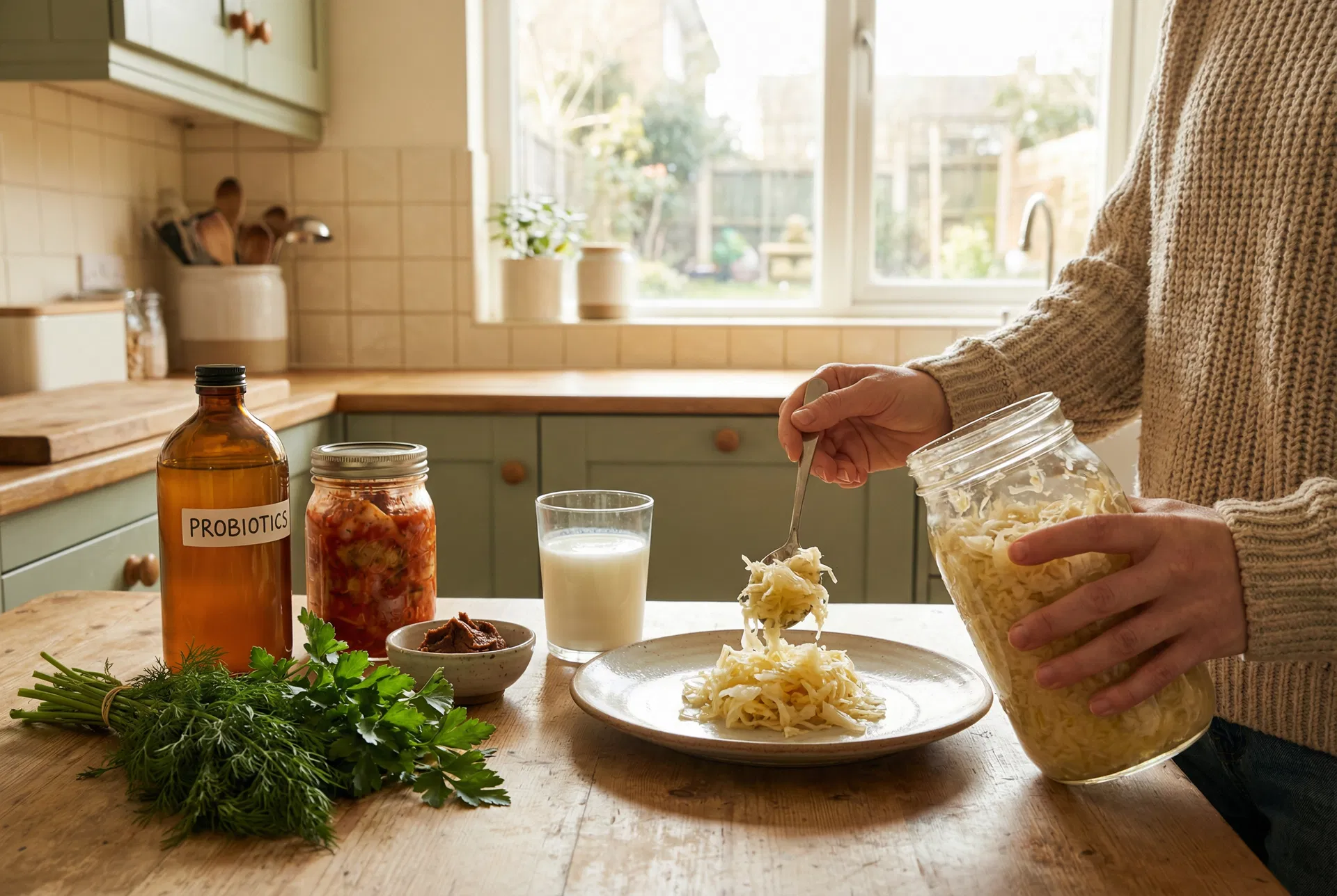 Woman spooning sauerkraut from a mason jar with probiotic supplement bottle, kimchi, and kefir in a green kitchen