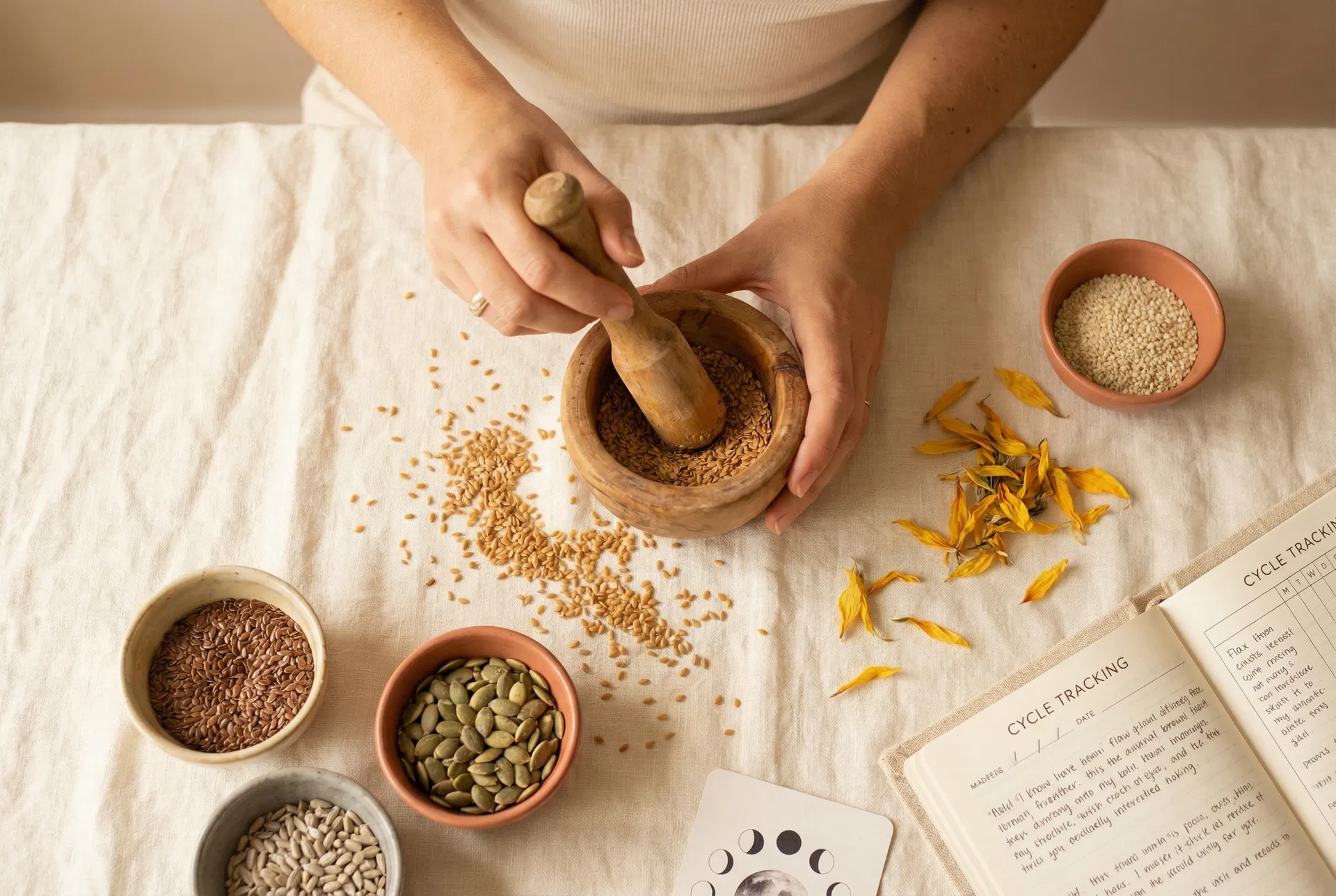 Woman grinding flaxseeds in a wooden mortar with four bowls of seeds and a cycle tracking journal