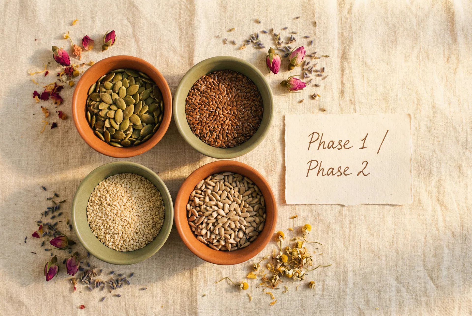 Four ceramic bowls of seeds for seed cycling: pumpkin, flax, sesame, and sunflower