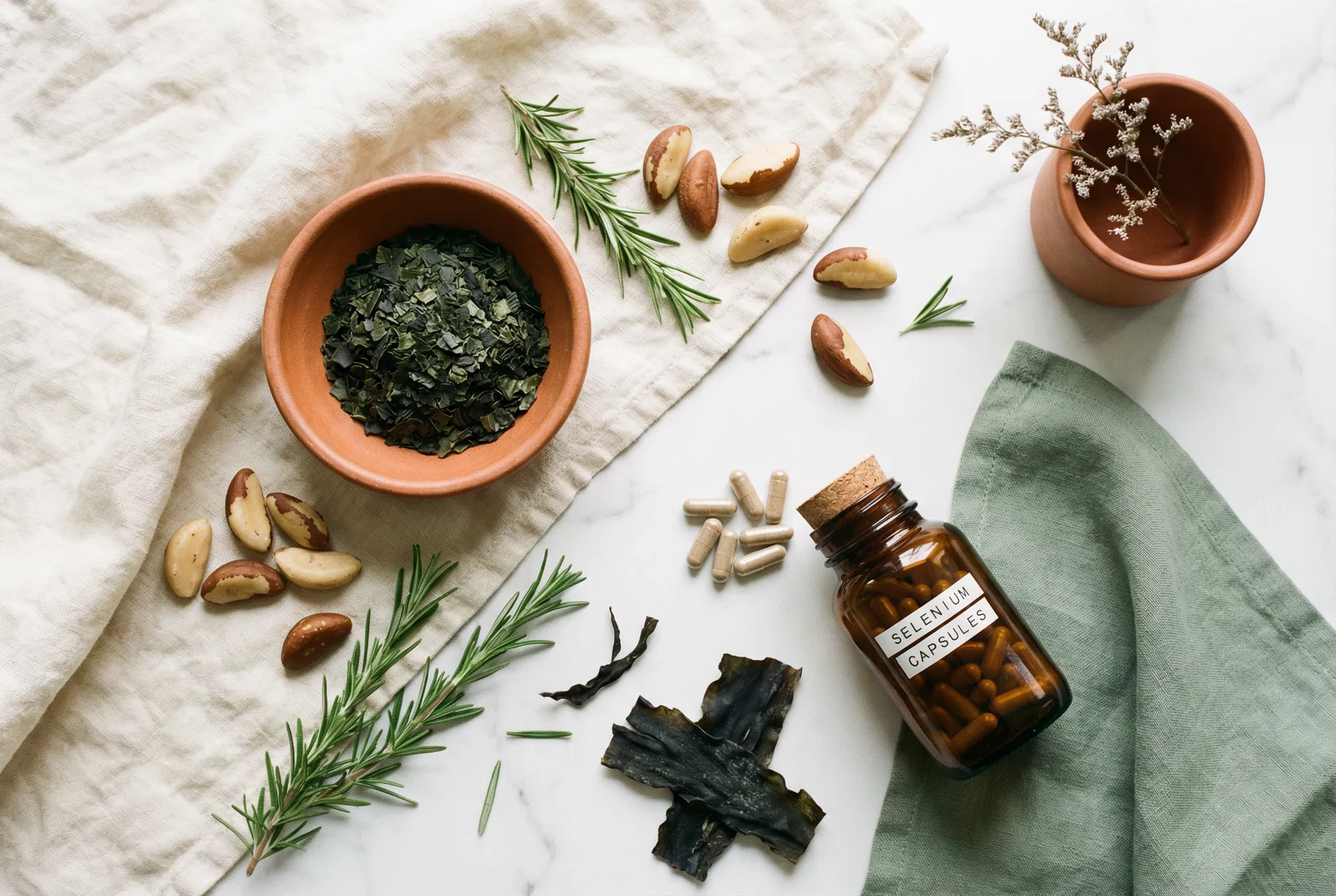 Brazil nuts, kelp flakes, and selenium capsules for thyroid health