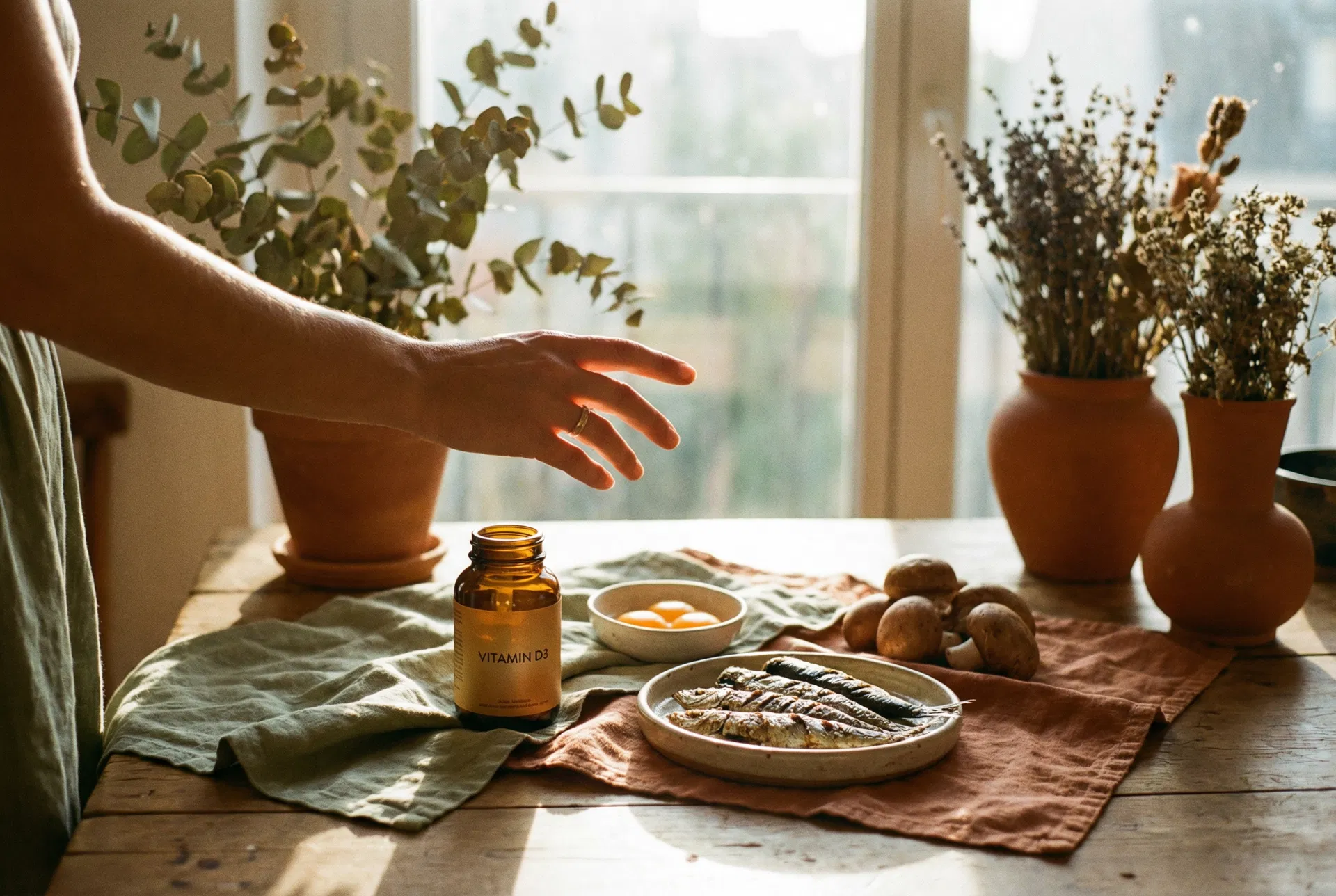 Vitamin D3 supplement bottle with fatty fish, egg yolks, and mushrooms in warm sunlight