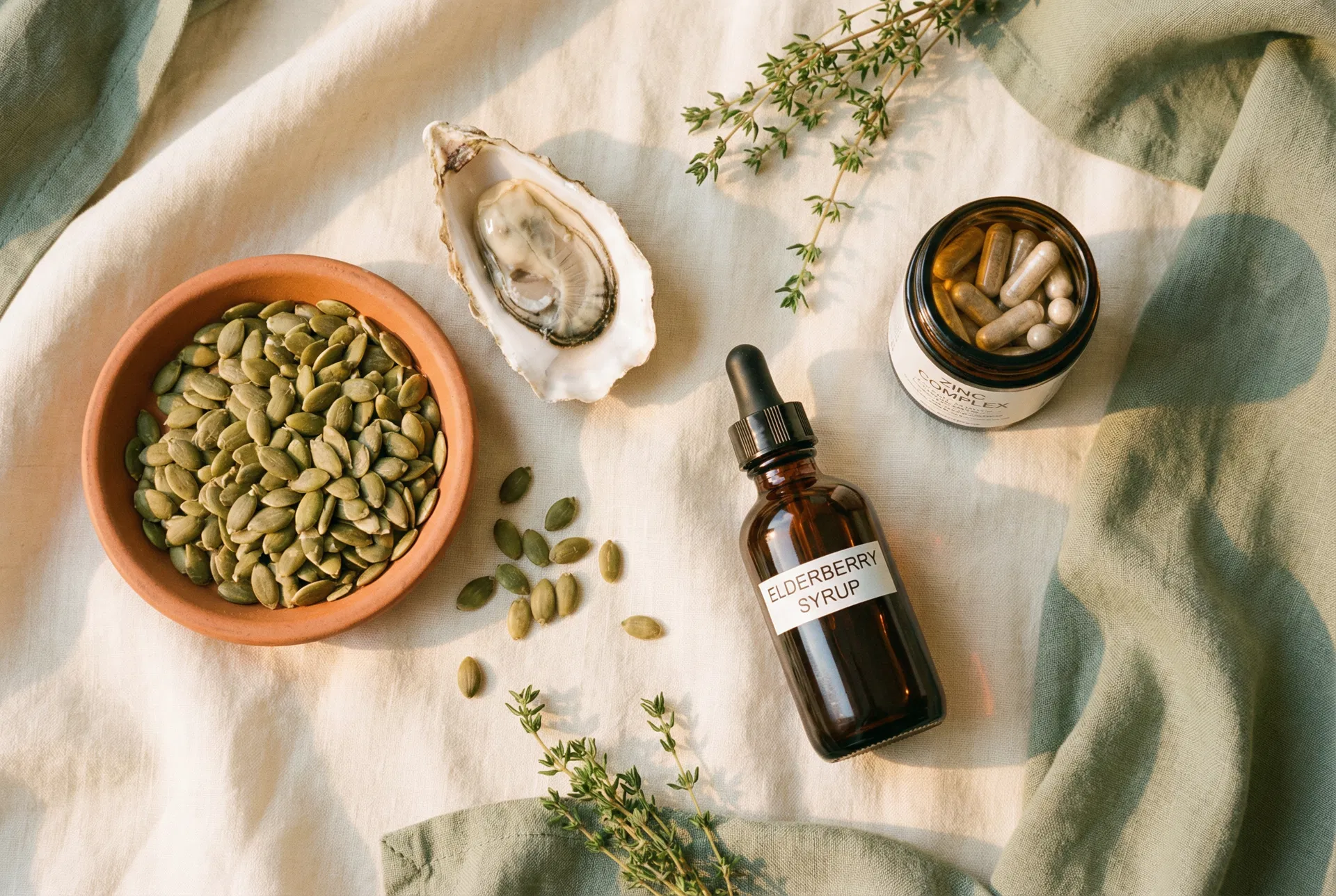 Pumpkin seeds, oyster shell, elderberry syrup, and zinc capsules for immune support