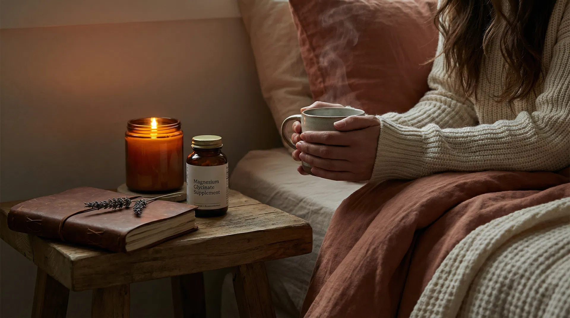 Woman cradling chamomile tea with magnesium glycinate supplement on a candlelit nightstand