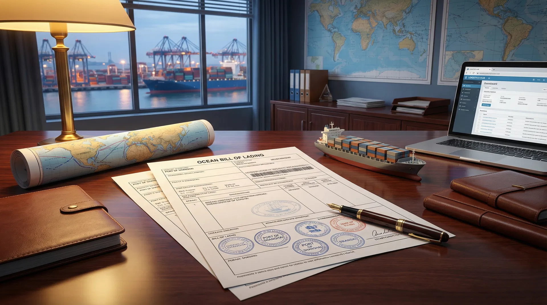 Bill of Lading document on shipping office desk with port view