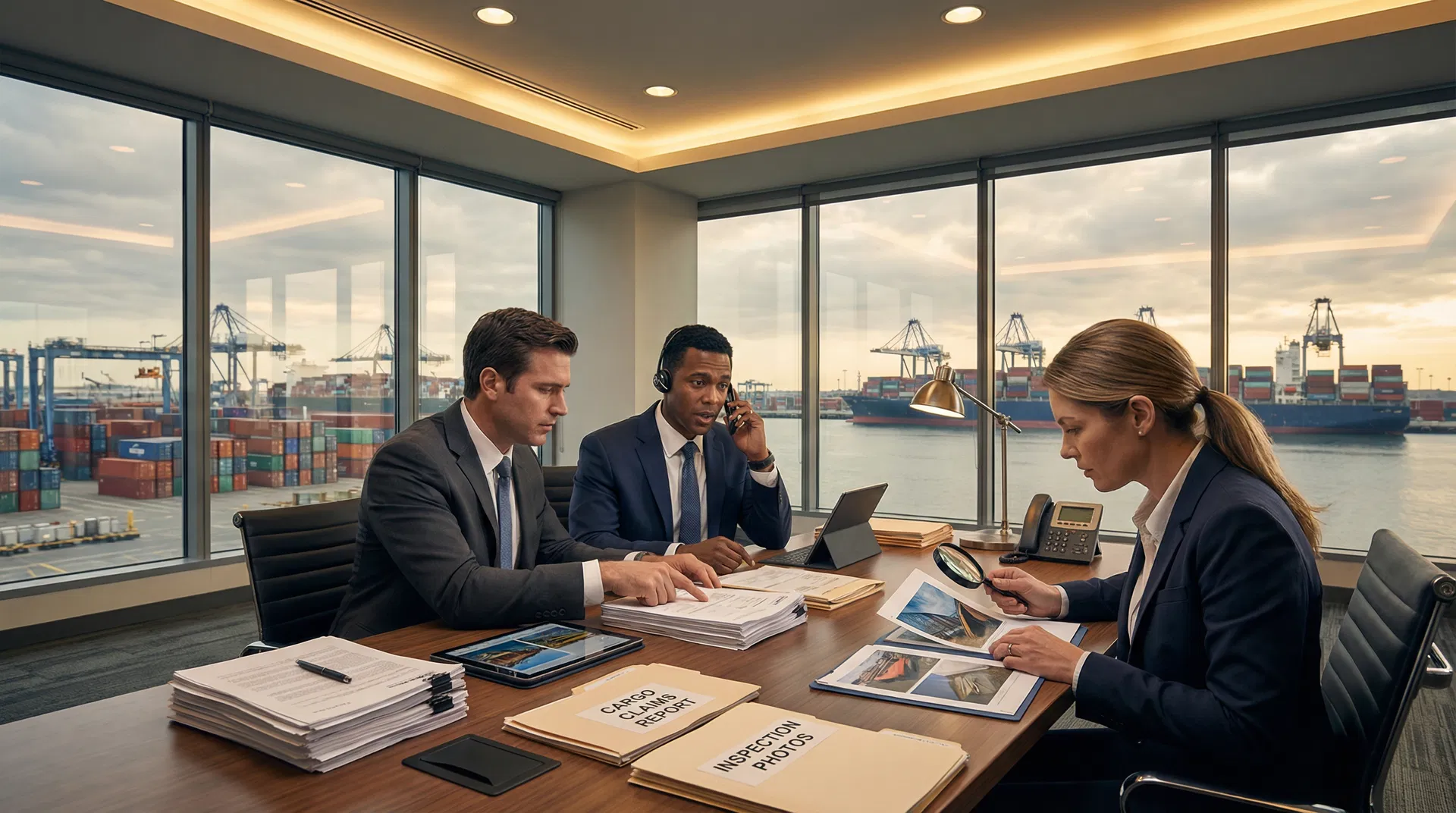 Cargo claims investigation office with port terminal view