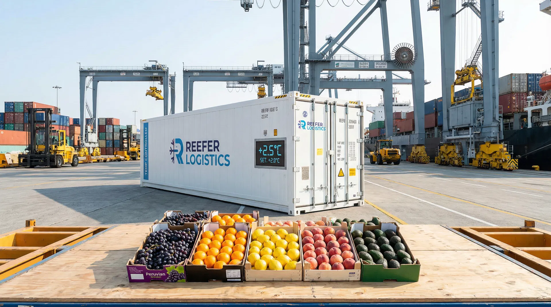 Reefer container with fresh fruit at port terminal