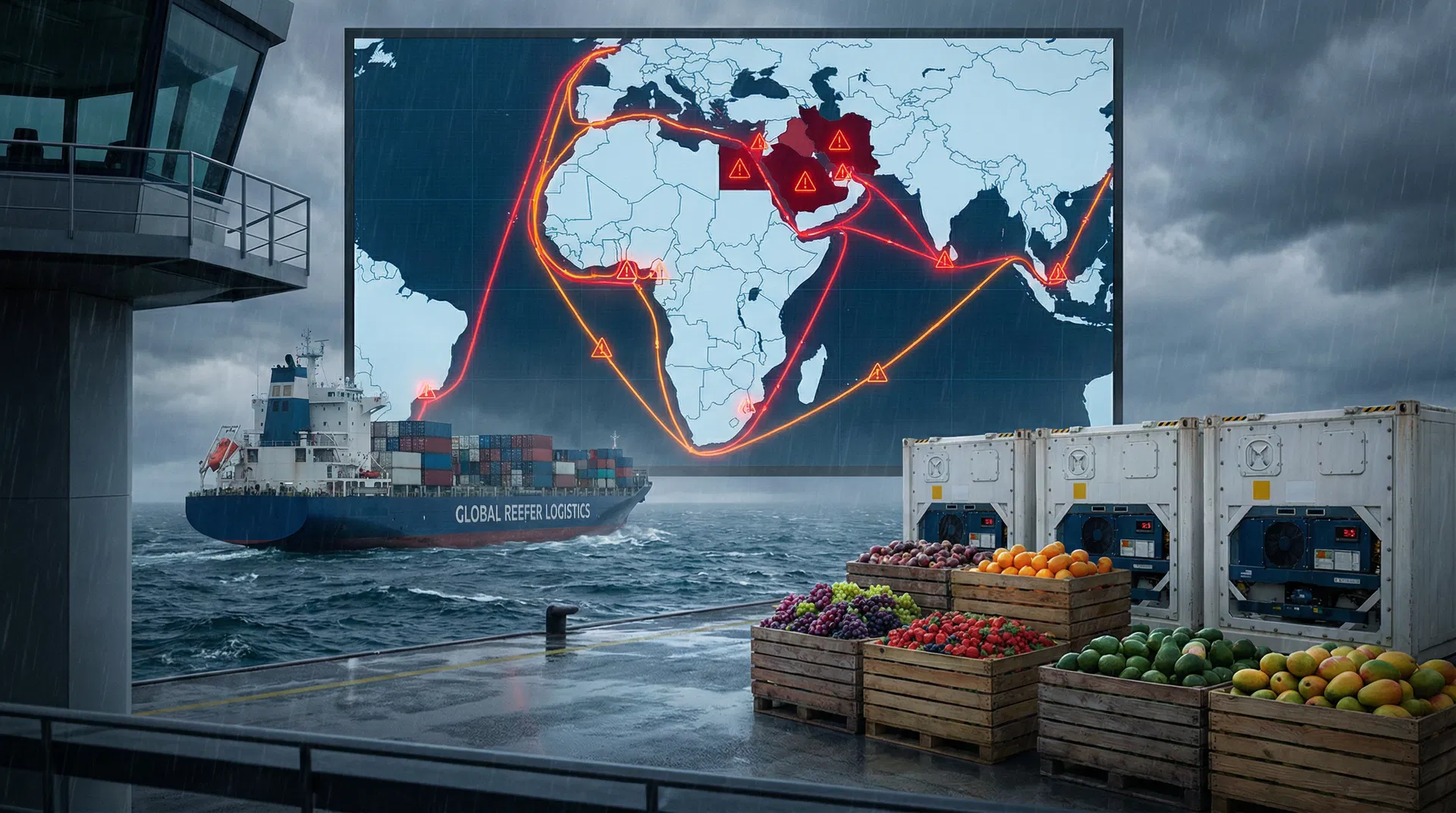 Global supply chain map showing geopolitical disruption and African fruit exports