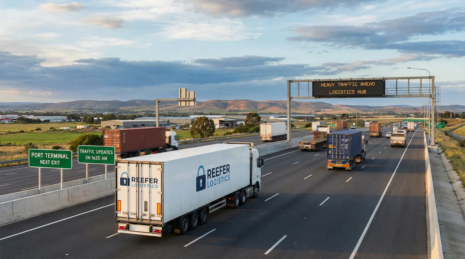 Highway with cargo trucks showing road transport logistics