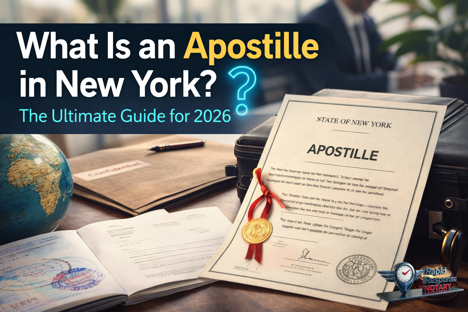 Apostille document with seal on desk next to passport and paperwork illustrating New York apostille process