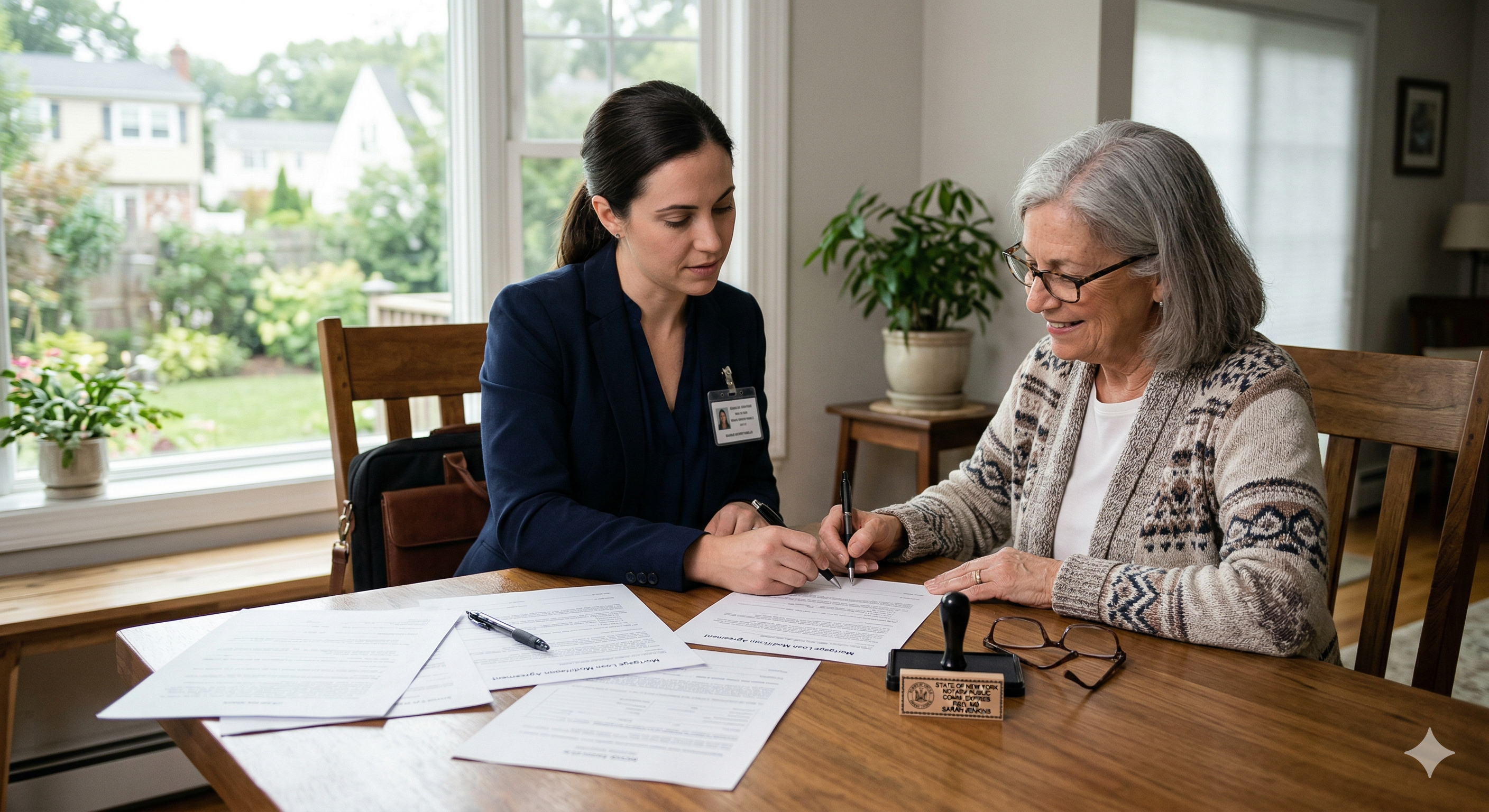 Mobile notary assisting a client with signing documents at a table in a Long Island home, with notary stamp and paperwork visible