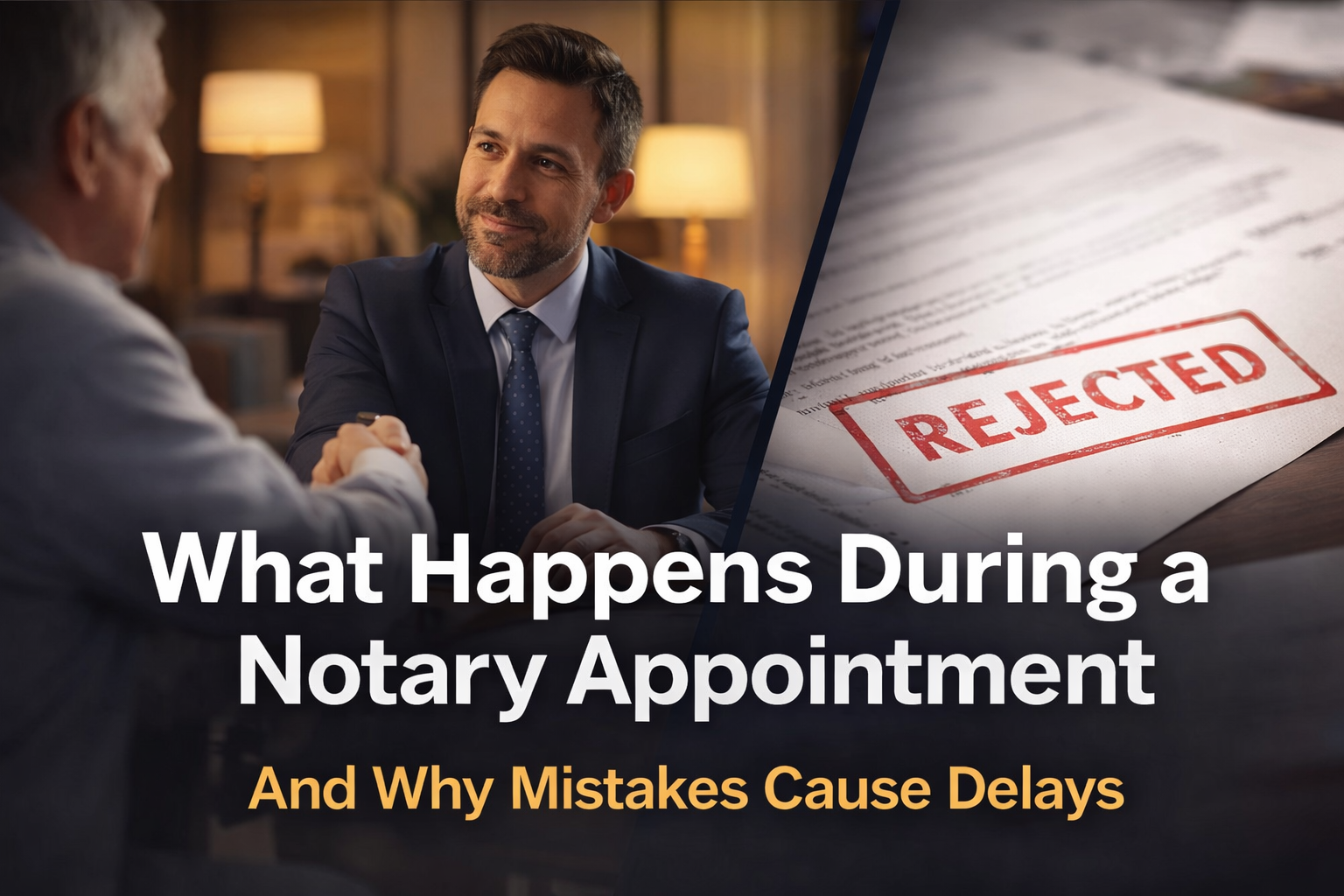 Mobile notary in Long Island completing a signing with client while a rejected document highlights common notarization mistakes