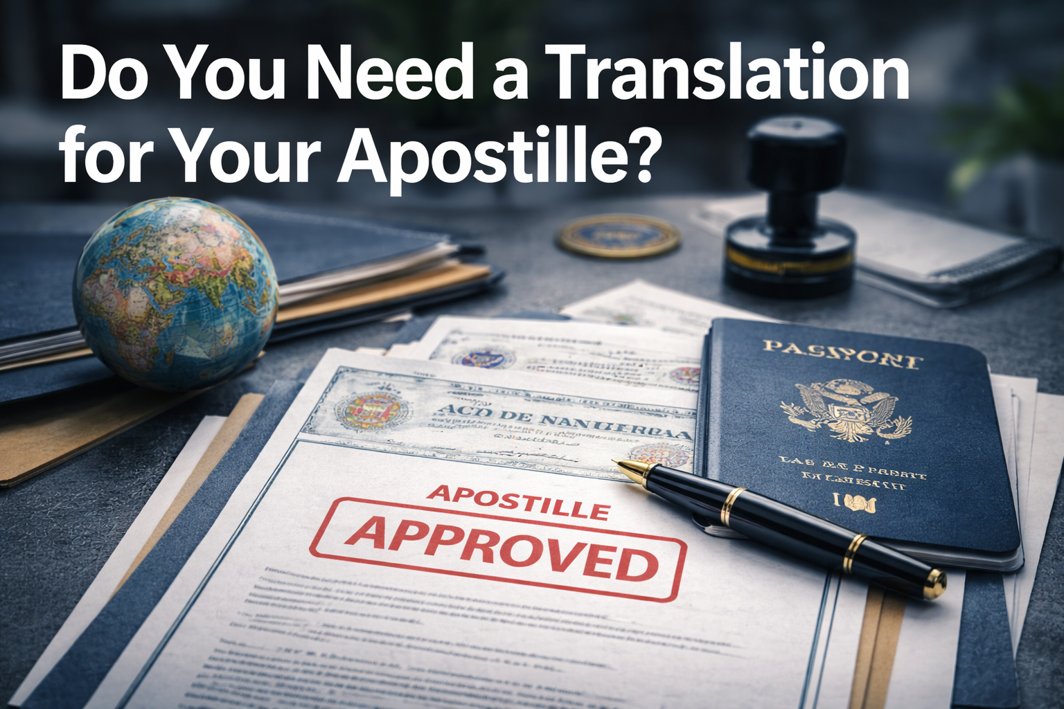 Certified translation for apostille documents with passport and official paperwork for USCIS immigration and legal use