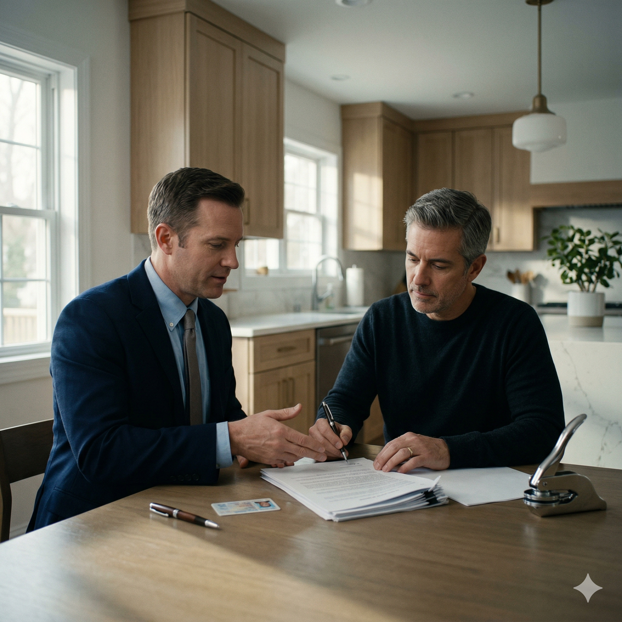Mobile notary on Long Island guiding client through document signing with ID verification and paperwork during an in-home notarization appointment