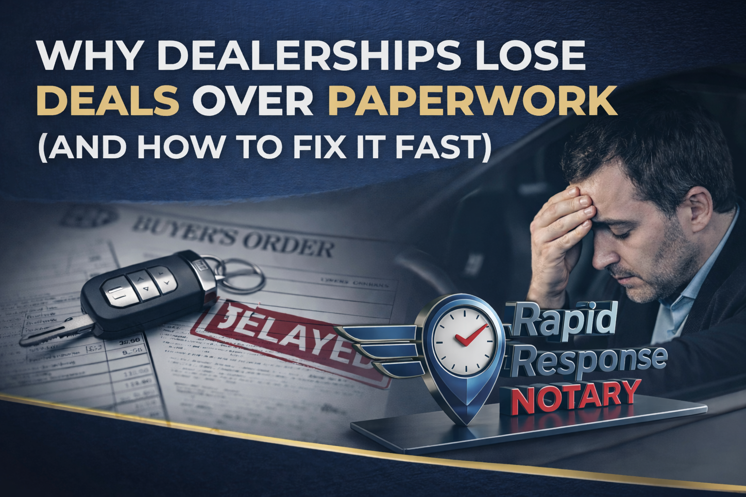 Image illustrating why dealerships lose deals over paperwork, featuring delayed buyer’s order, car keys, and Rapid Response Notary mobile service branding.