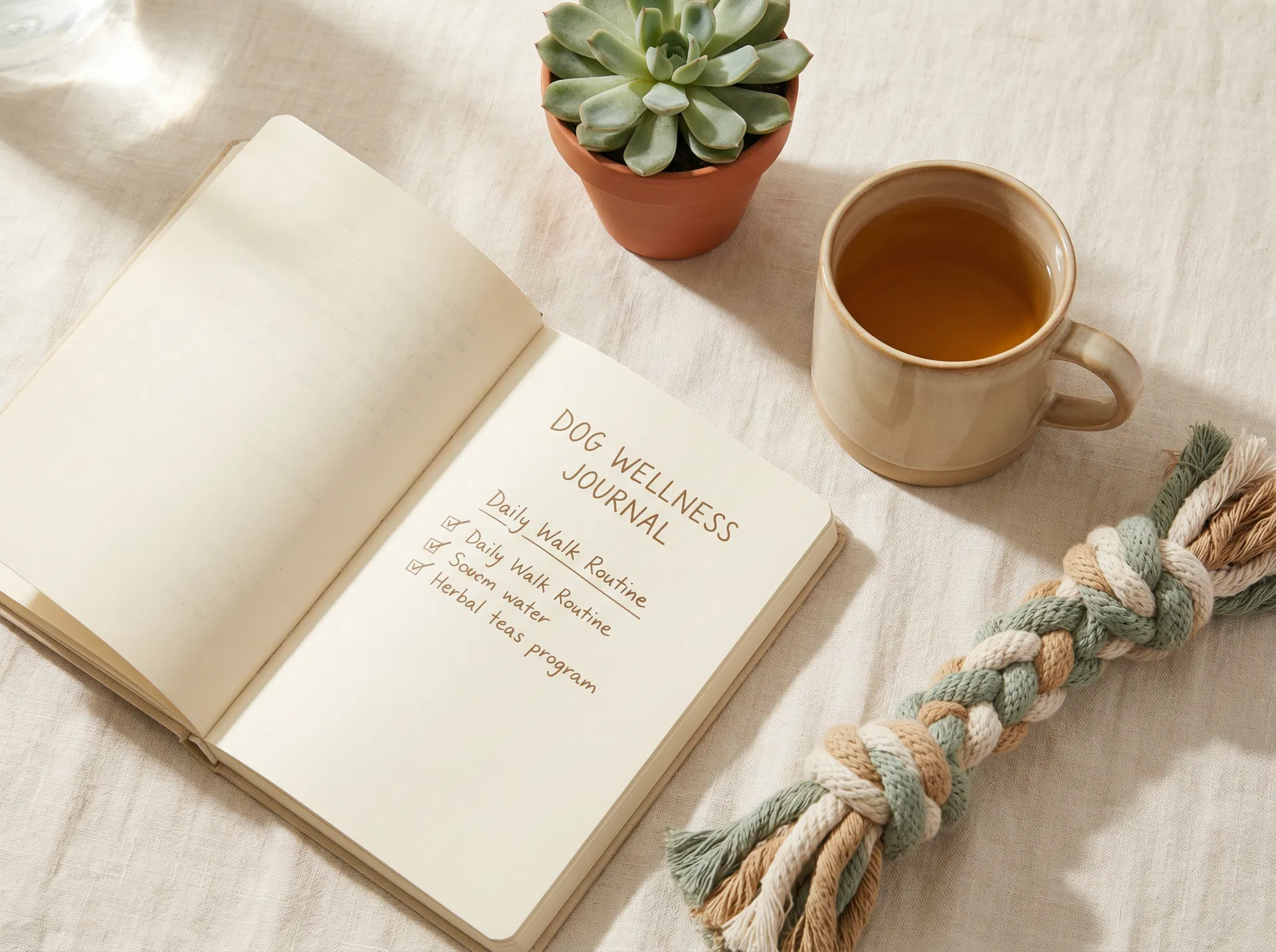 A calming workspace with a notebook and dog toy