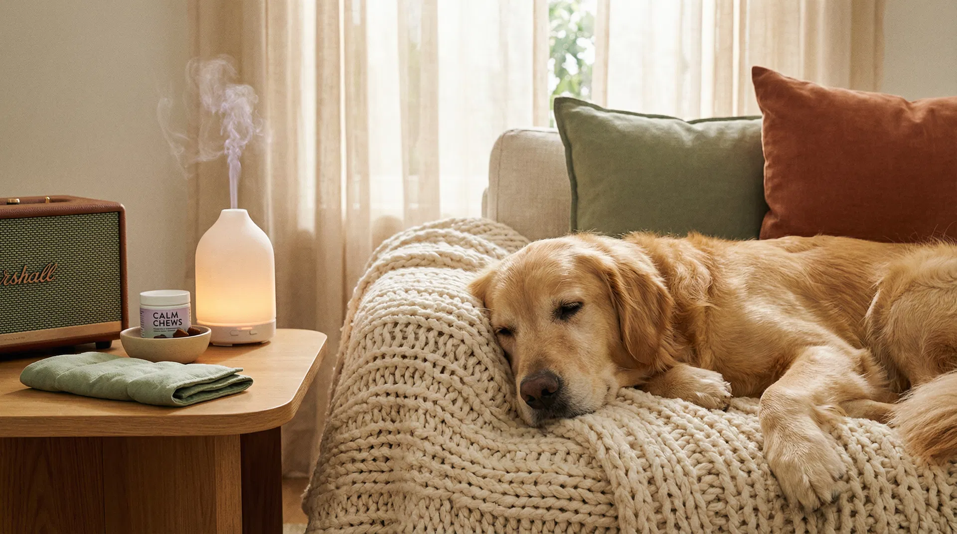 A golden retriever resting peacefully beside a calming diffuser and supplements