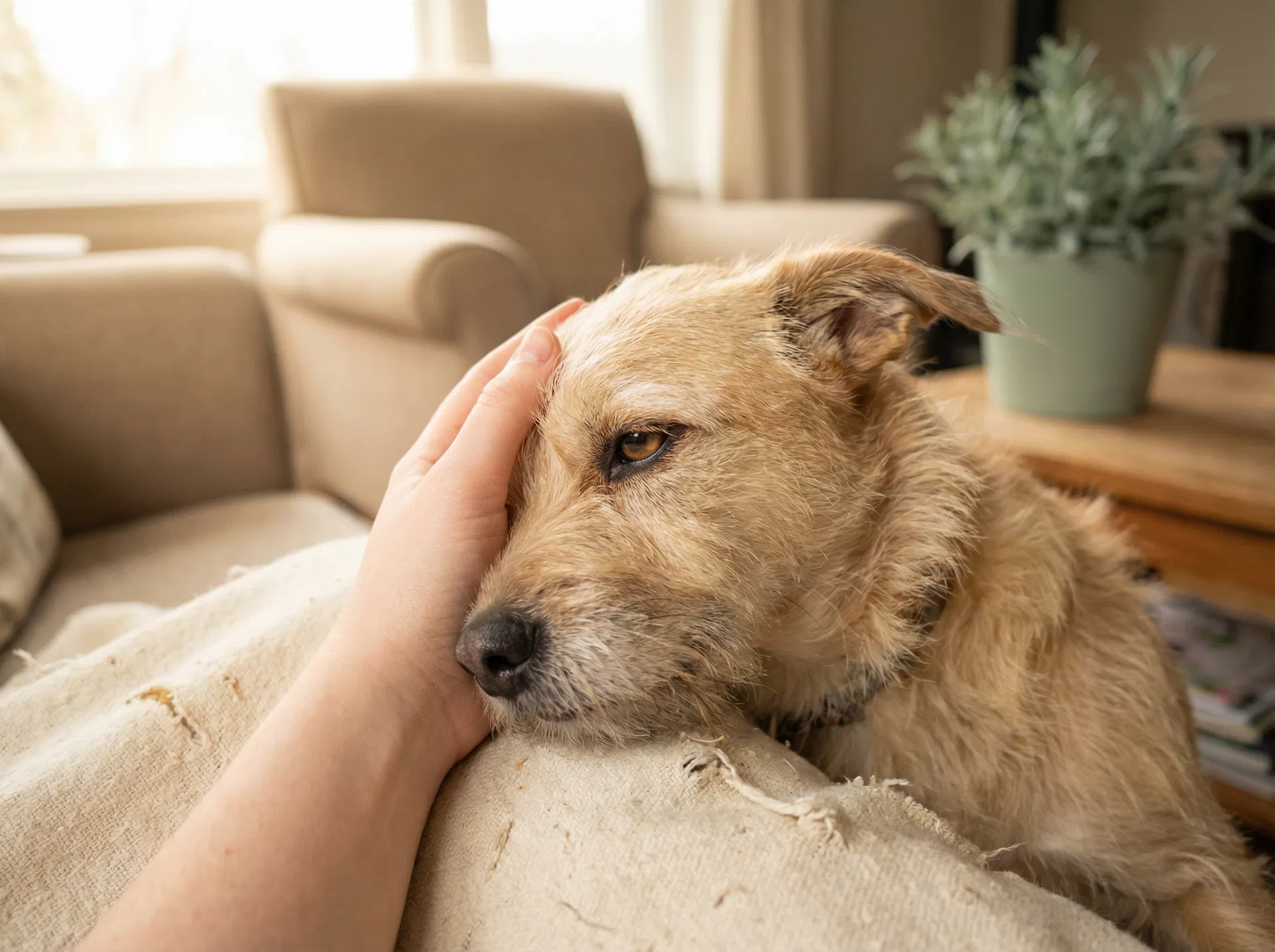 A dog being gently comforted by its owner